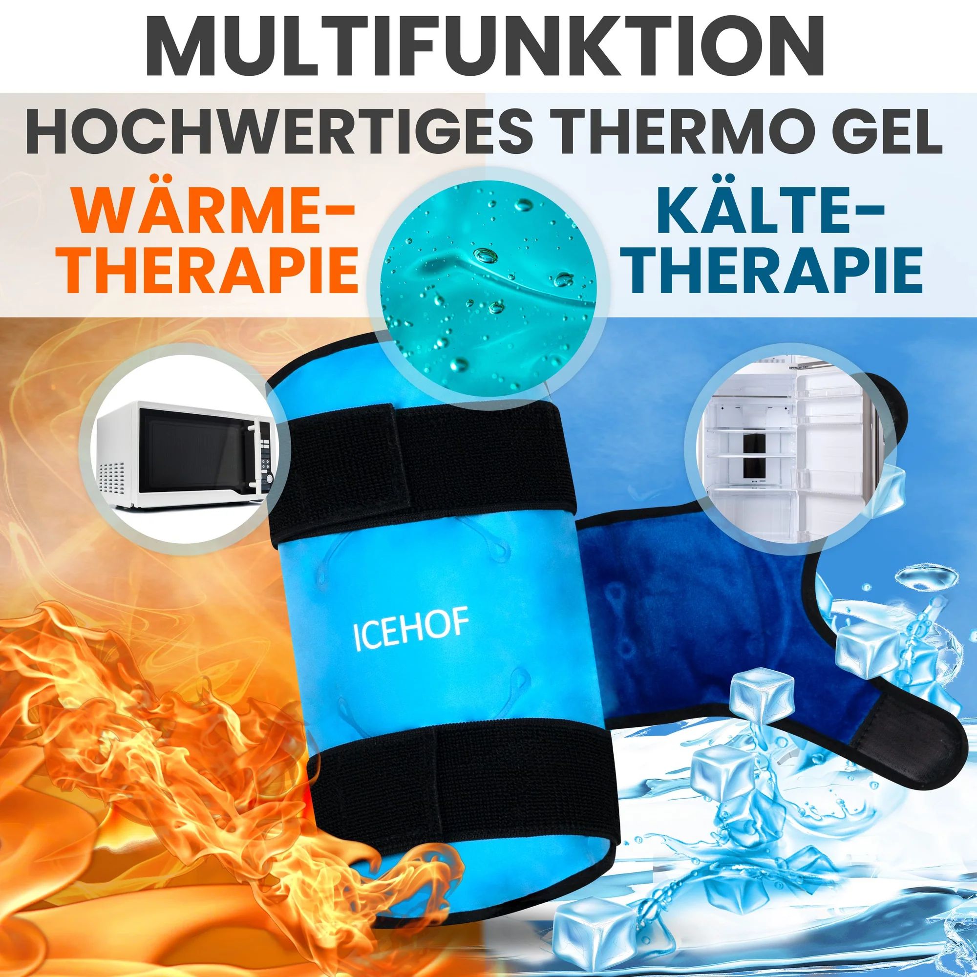 Knie-Kühlmanschette für Wärme- und Kältetherapie, mit Mikrowellen- und Kühlschrank-Symbolen.