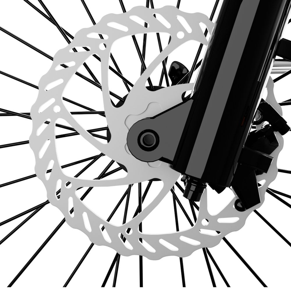 E-Bike-Scheibenbremse, silberfarben, mit schwarzer Gabel.