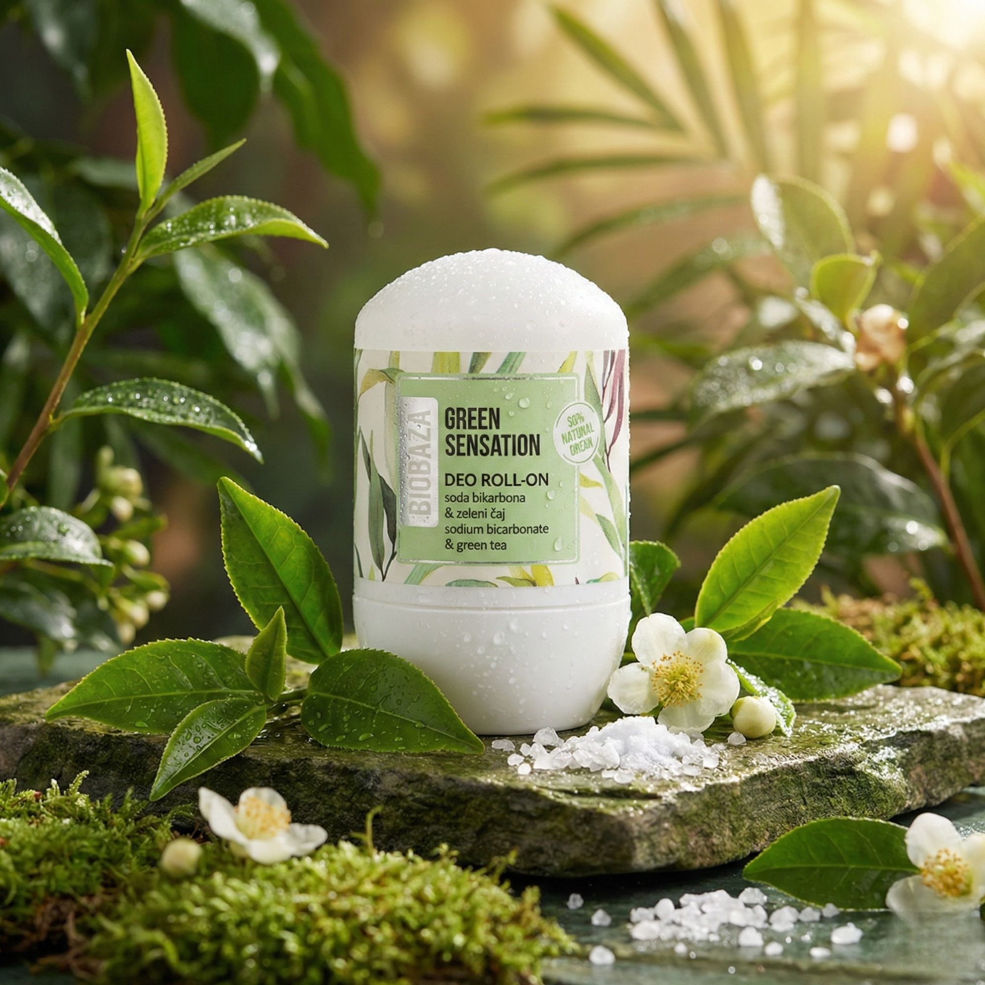 Roll-On-Deo auf Stein, umgeben von Pflanzen. Aufschrift: Green Sensation, Soda Bikarbona & zeleni čaj, Sodium bicarbonate & green tea. Natürliche Umgebung.