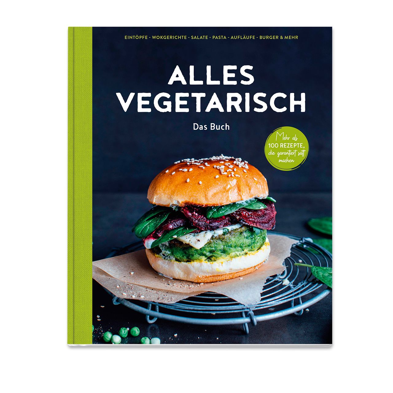 Buchcover: Alles vegetarisch. Titel in Weiß, grüner Buchrücken. Burger auf Drahtgestell.