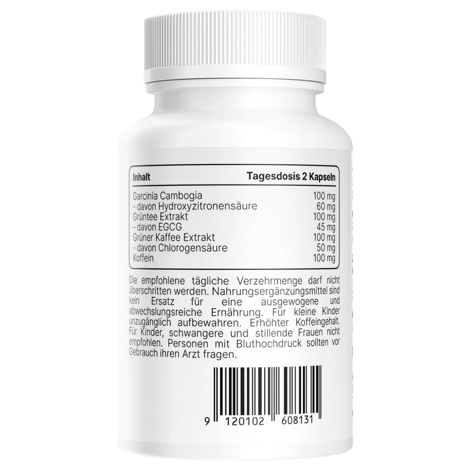 Rückseite der weißen Flasche. Text: Inhaltsstoffe und empfohlene Tagesdosis. Warnhinweise. Barcode.