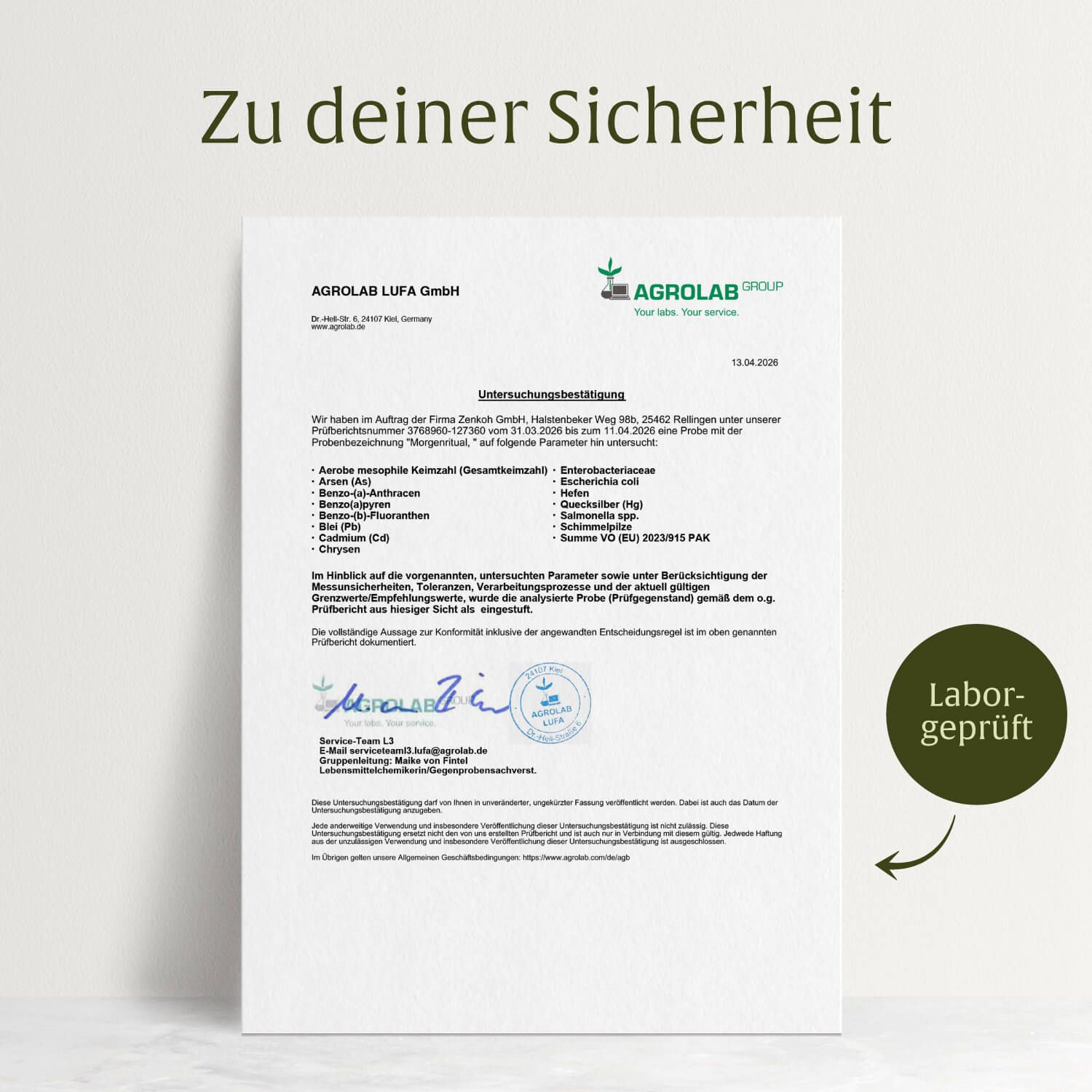 Zertifikat mit Text: Agrolab LUFA GmbH. Unterschriften, Stempel. Text: Labor-geprüft. Logo.