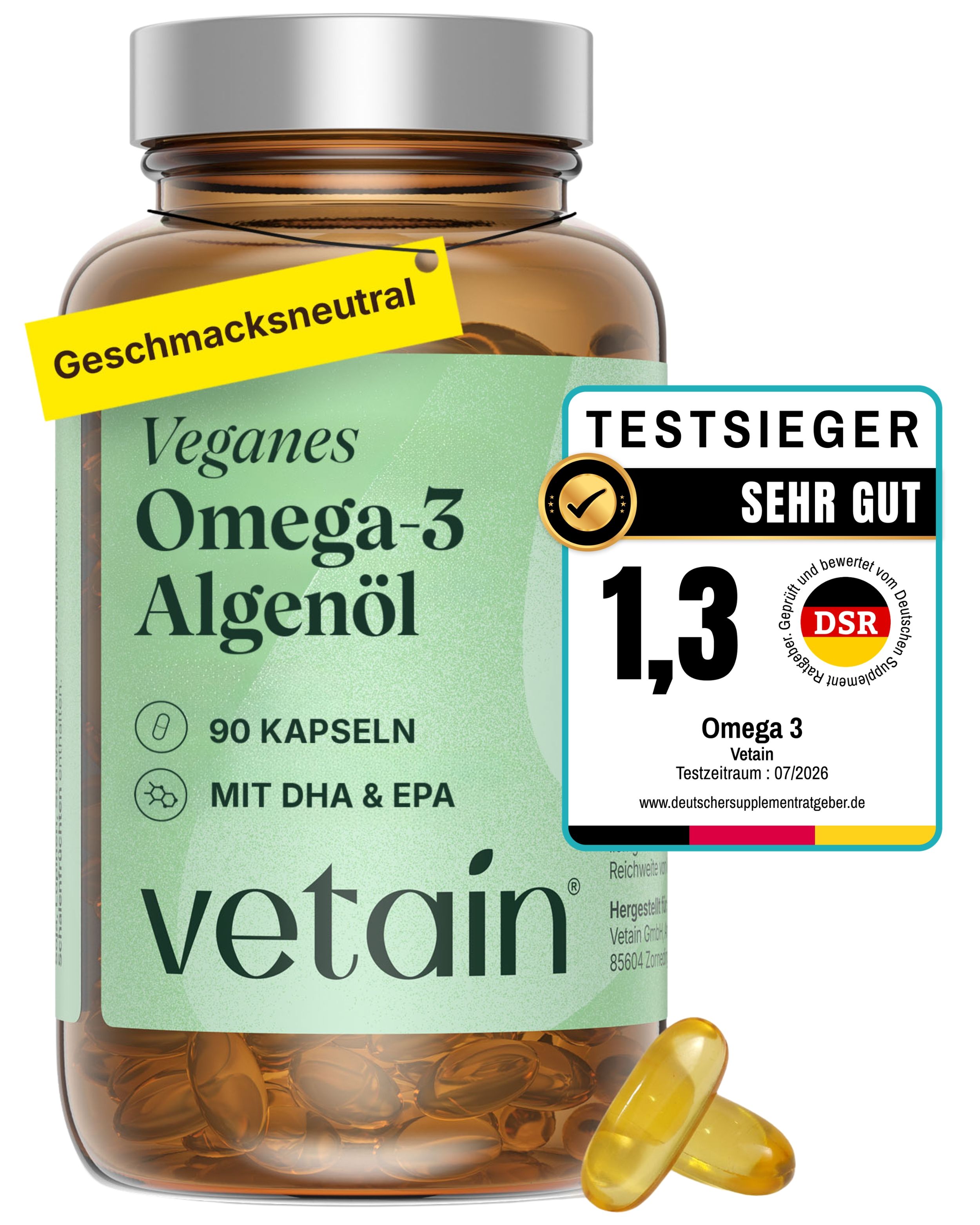 VETAIN Veganes Omega-3 Algenöl Kapseln, hochdosiert mit DHA & EPA, 90 Kapseln.