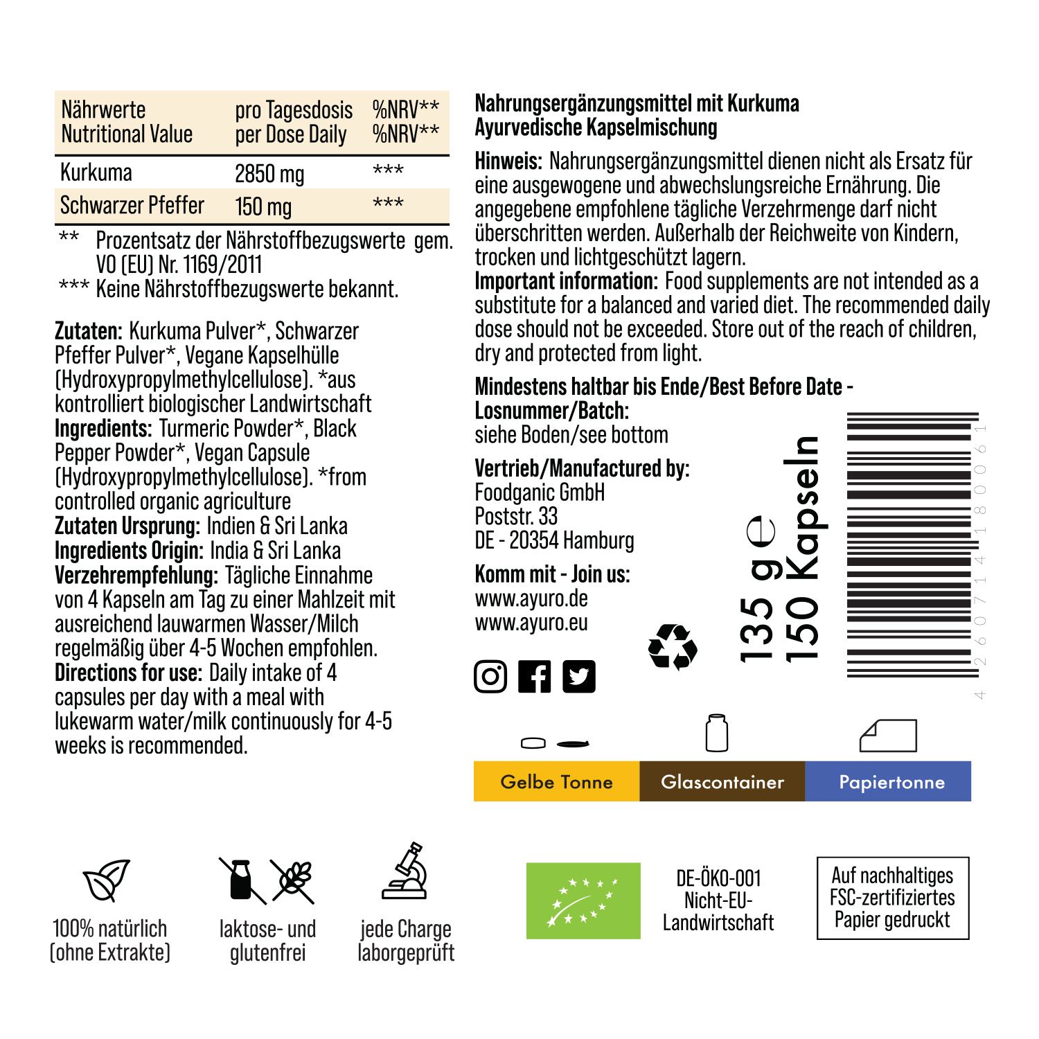 Rückseite der Kurkuma+ Flasche. Text: Nährwertangaben, Zutaten, Herkunft, Verzehrempfehlung. Bio-Siegel, 150 Kapseln.