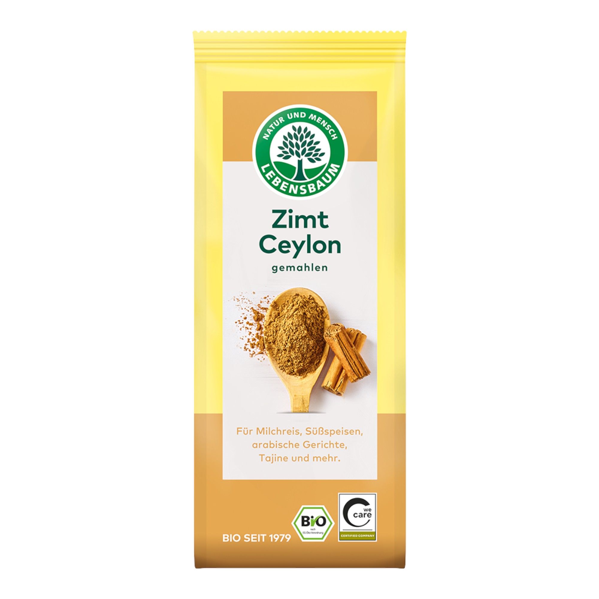 Lebensbaum Zimt Ceylon gemahlen in einer Packung mit Holzlöffel und Zimtstangen.