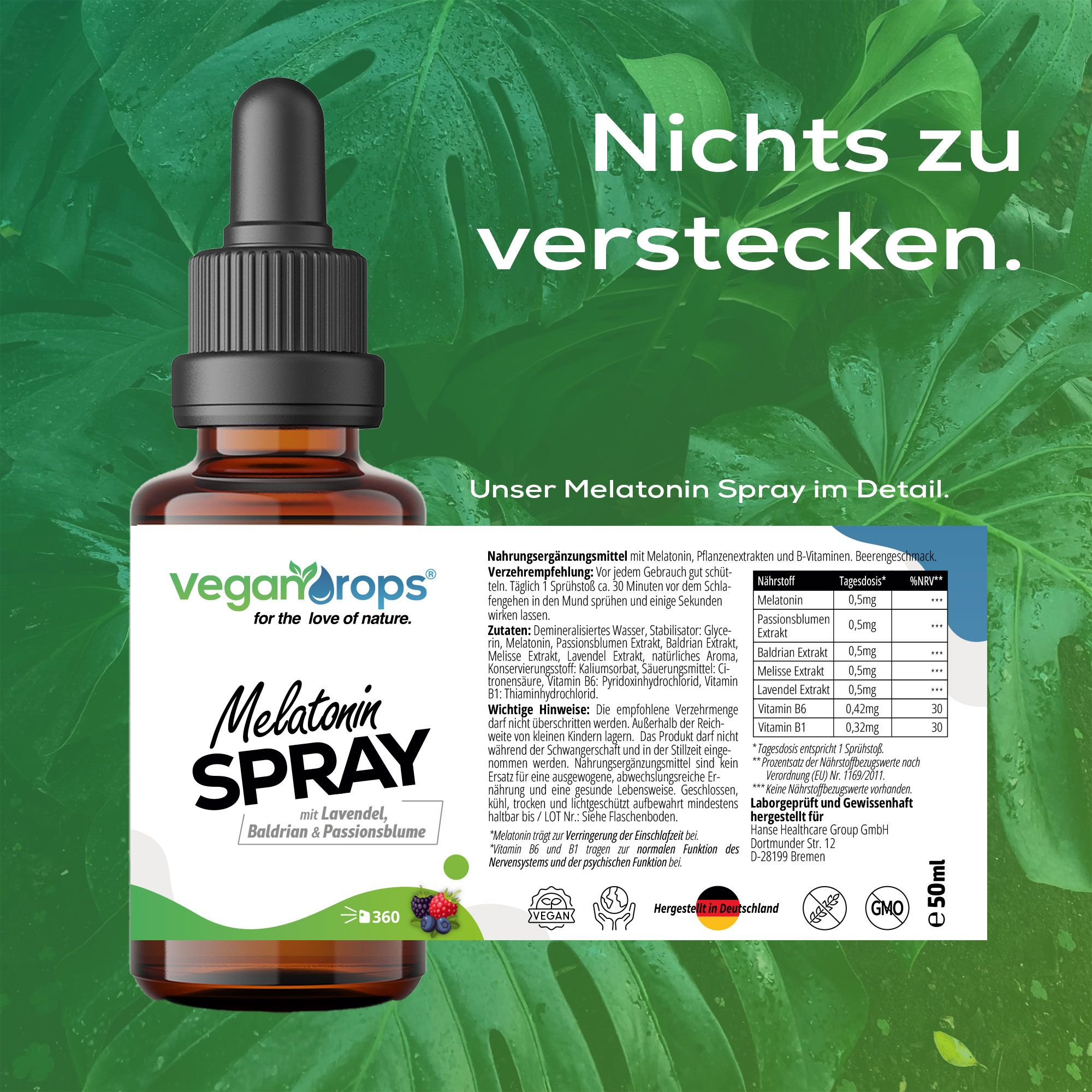Braune Glasflasche von Vegan Drops® Melatonin Spray. Text: Unser Melatonin Spray im Detail. Inhaltsstoffe und Nährwerttabelle.
