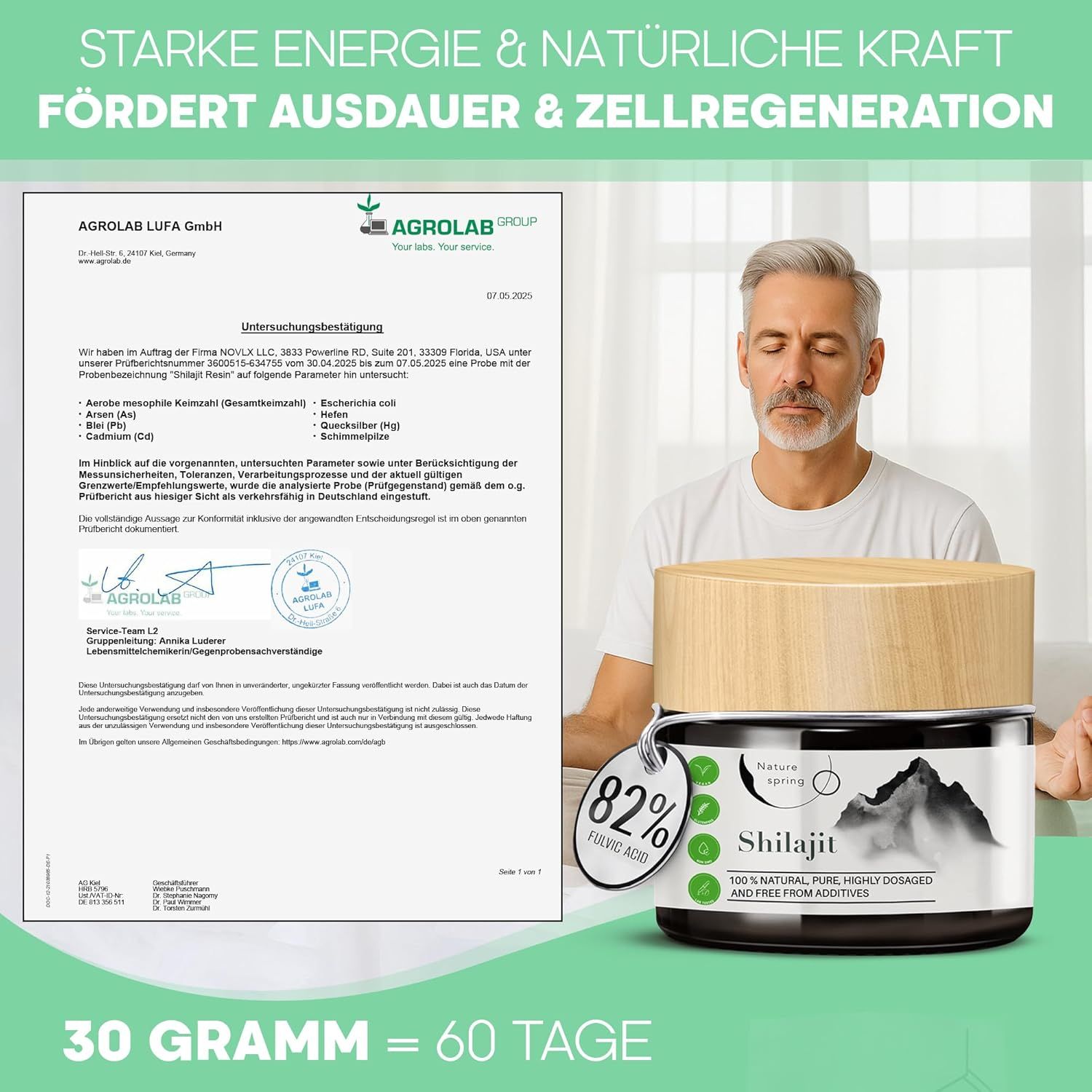 Glas mit Shilajit, Holzdeckel, neben Zertifikat. Mann meditiert. Text: 82% Fulvinsäure. 30 Gramm = 60 Tage. Agrolab-Zertifizierung.