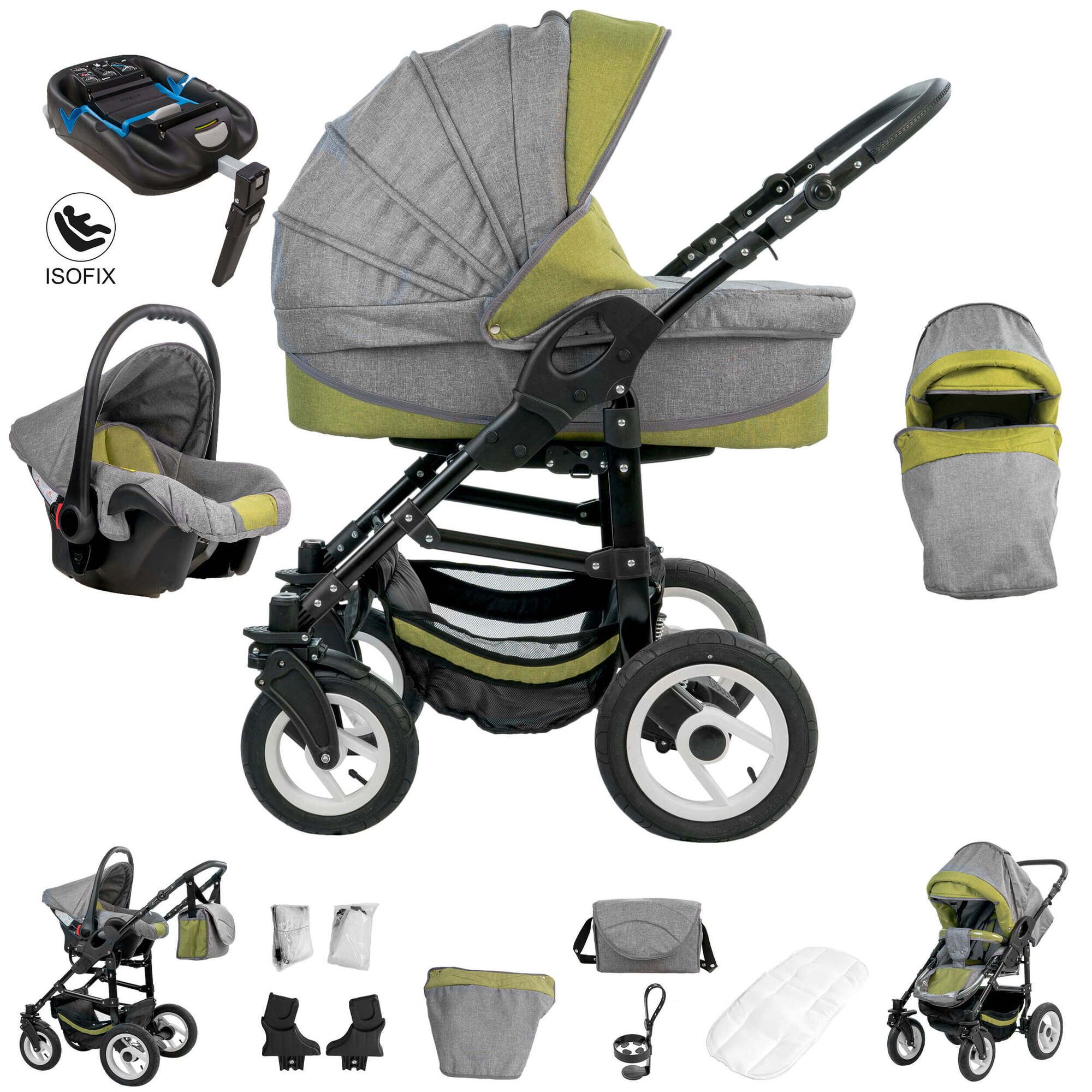 Bebebi Florenz 4 in 1 Kinderwagen Komplettset ISOFIX Basis Hartgummireifen, Medici Green Black