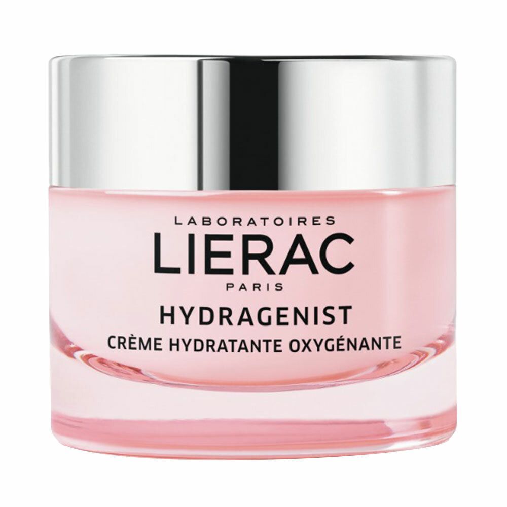 Rosa Creme-Tiegel mit silbernem Deckel. Aufschrift: LIERAC PARIS, HYDRAGENIST, Crème Hydratante Oxygénante.