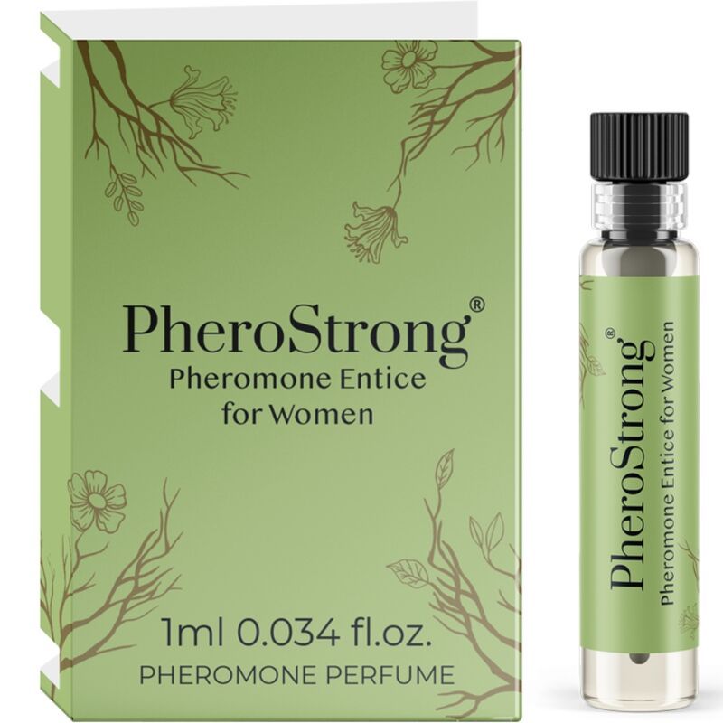 Grüne Schachtel und Flakon. Aufschrift PheroStrong, Pheromone Entice für Frauen. Flakon mit schwarzem Verschluss.