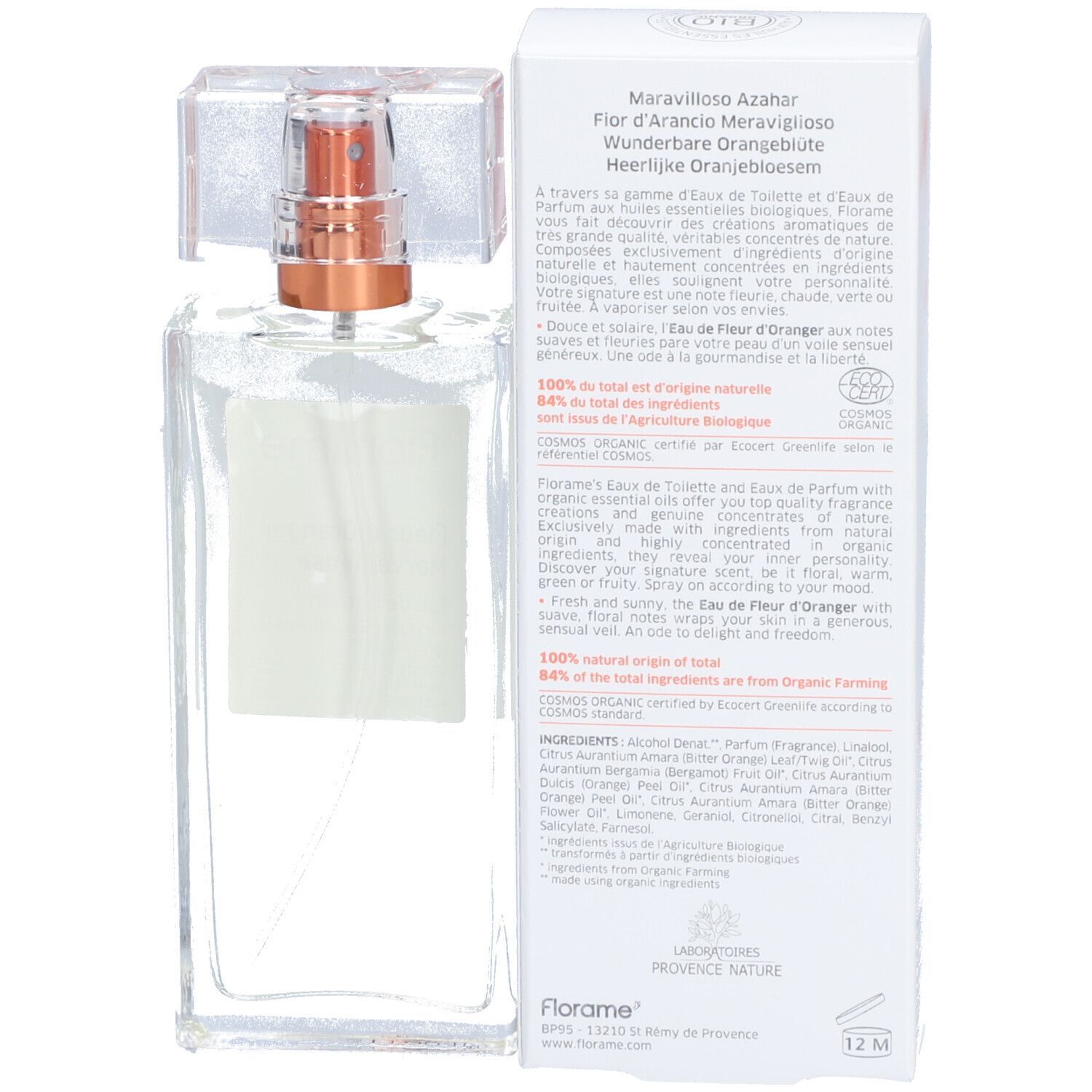 Florame Eau de Parfum Flakon und Verpackung. Aufschrift: Fleur d'Oranger Merveilleuse, Eau de Parfum. COSMOS ORGANIC-Zertifizierung.