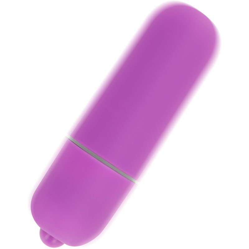 Lila Mini-Vibrationskugel. Zylindrische Form mit abgerundeten Enden. Grauer Ring in der Mitte. Kleiner, runder Vorsprung am Ende.
