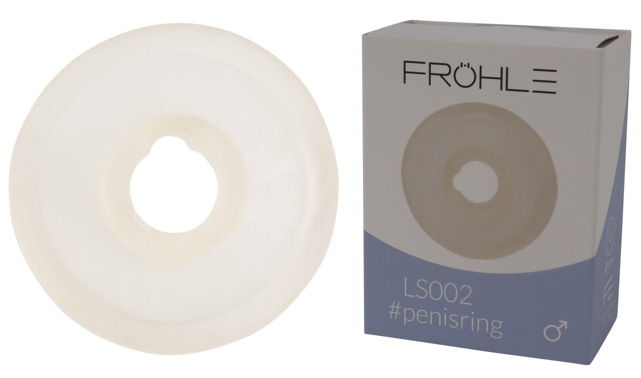 Ringförmiges Produkt und Verpackung. Marke Fröhle, Modell LS002, #penisring. Hellbeige, mit zentraler Öffnung. Männliches Symbol.