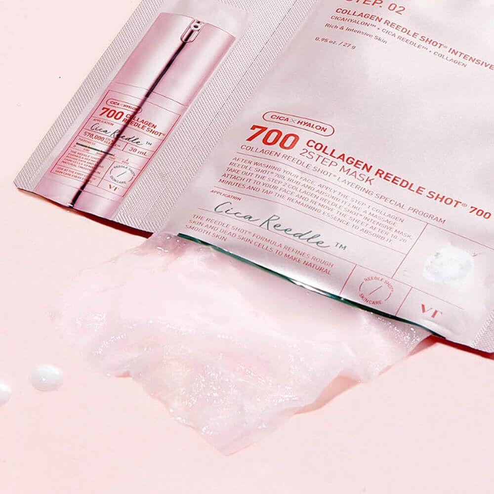 Zwei-Schritt-Maske mit Kollagen-Ampulle und Tuchmaske. Rosa Verpackung mit Text.