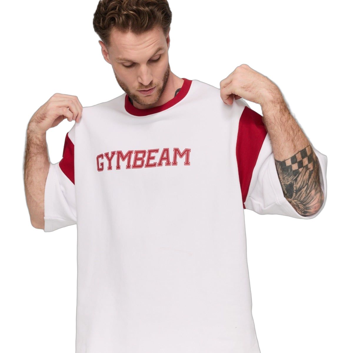 GymBeam T-Shirt Herren Oversized Kurzarm Varsity Weiß