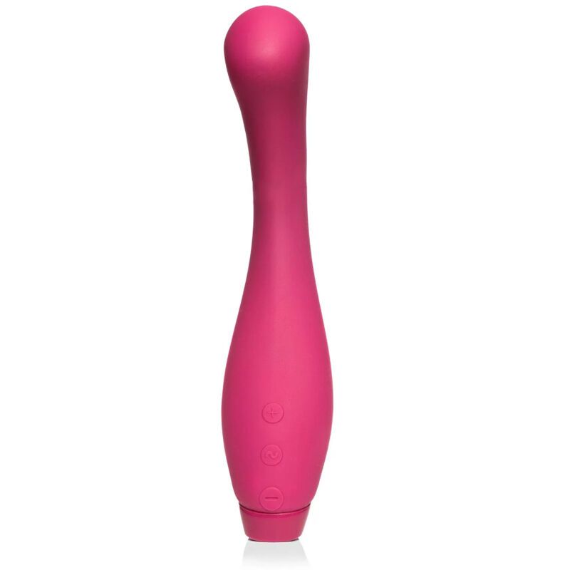 Rosa Vibrator mit abgerundeten Enden und drei Knöpfen. Aufrecht stehend. Weißer Hintergrund.