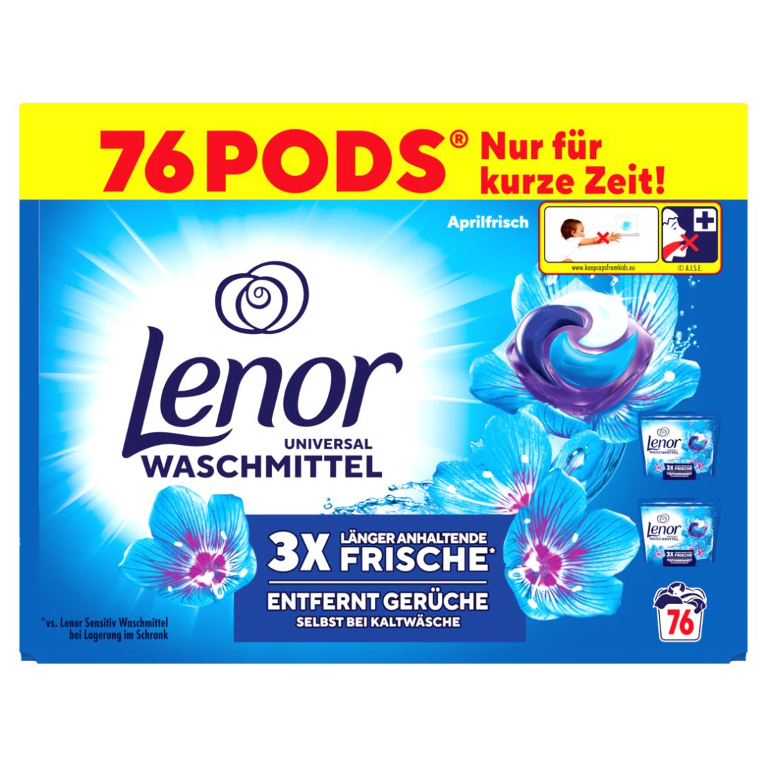 Blau-gelbe Verpackung mit 76 Waschmittel-Pods. Lenor-Logo, Produktname und Aprilfrisch-Hinweis. Blaue Blüten-Grafik.
