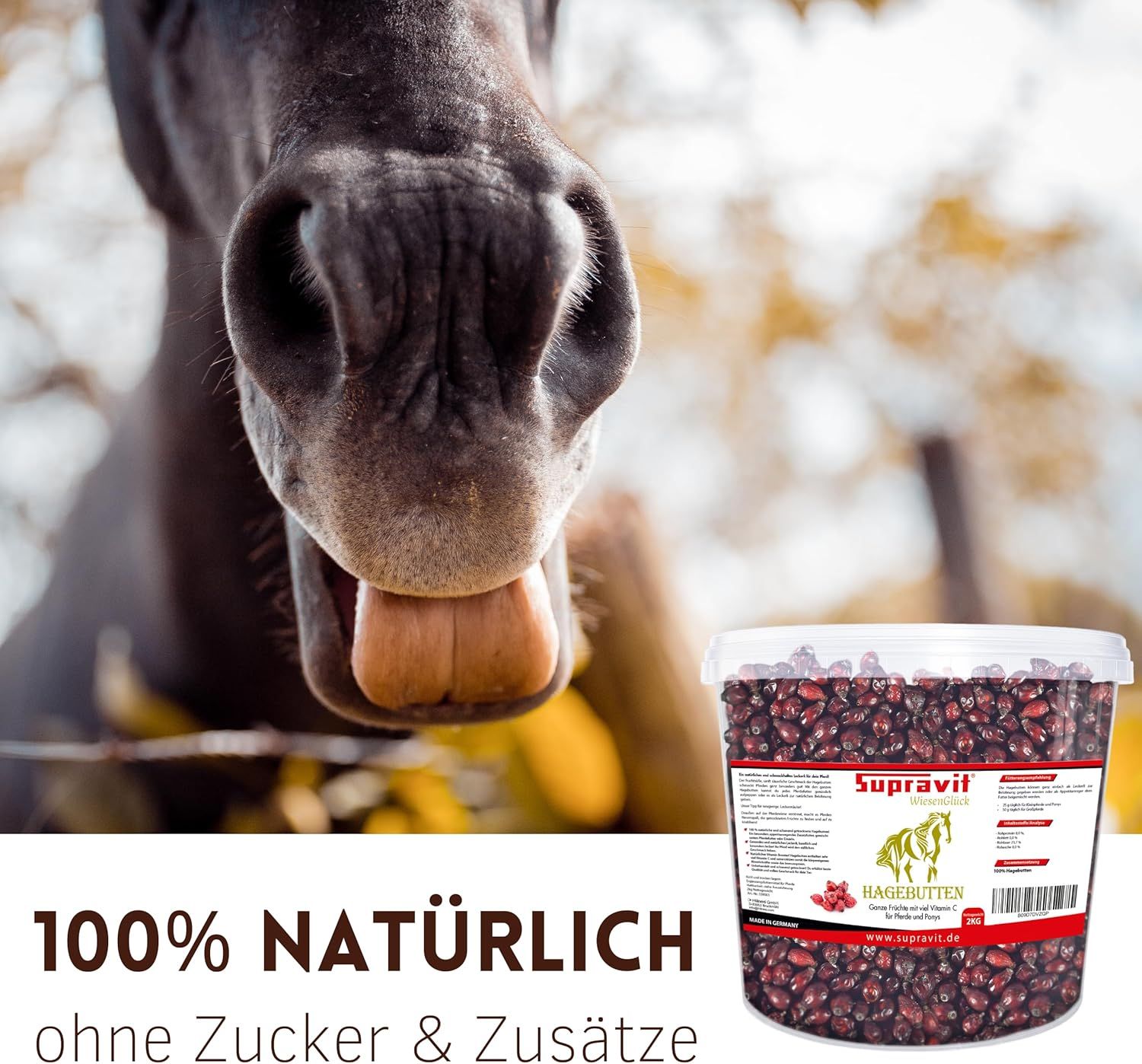 Pferd mit Zunge. Eimer mit Hagebutten-Produkt, Text: 100% natürlich ohne Zucker & Zusätze.