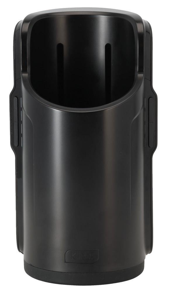 Schwarzes, zylindrisches Gerät mit einer Aussparung. Auf der Unterseite steht "Kiiroo".