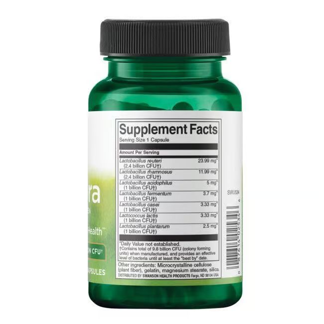Rückseite der Swanson FemFlora Flasche mit Nährwertangaben und Inhaltsstoffen.