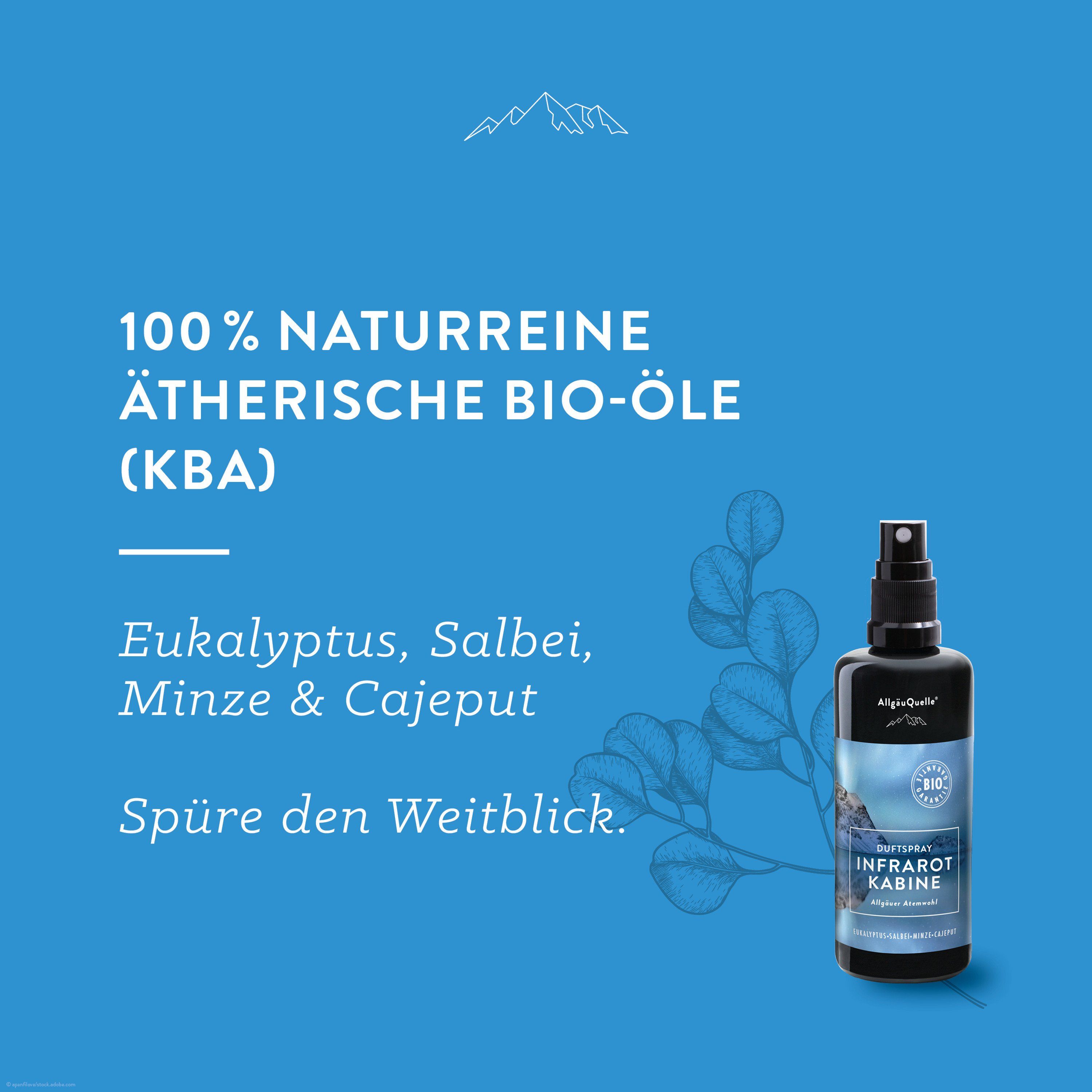 Blauer Hintergrund mit Text: 100% naturreine ätherische Bio-Öle. Eukalyptus, Salbei, Minze & Cajeput. Flasche mit Sprühkopf.