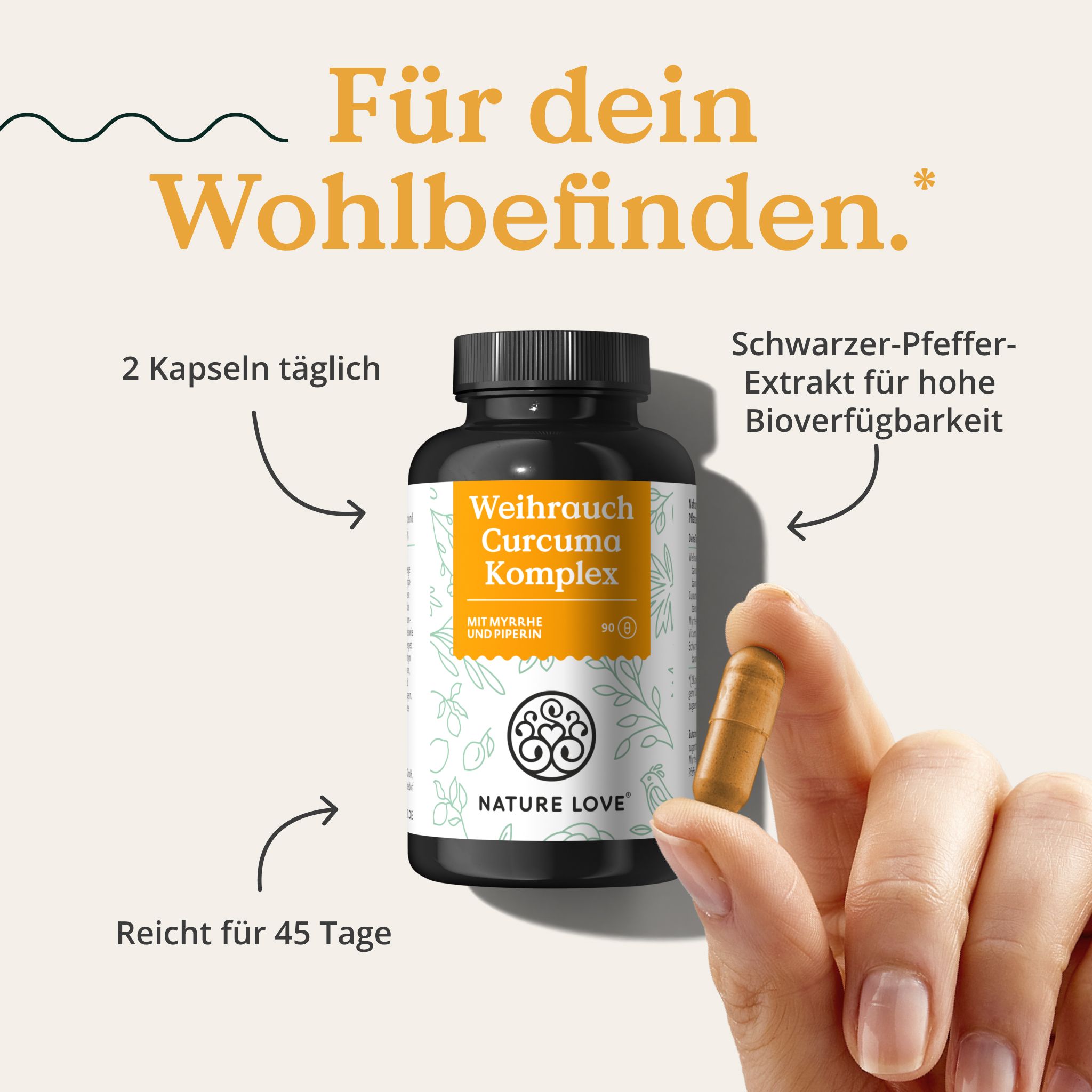 NATURE LOVE® Weihrauch Kurkuma Kapseln - 90 Stück - 600mg Extrakt - 360mg Boswellia & Myrrhe Vit C