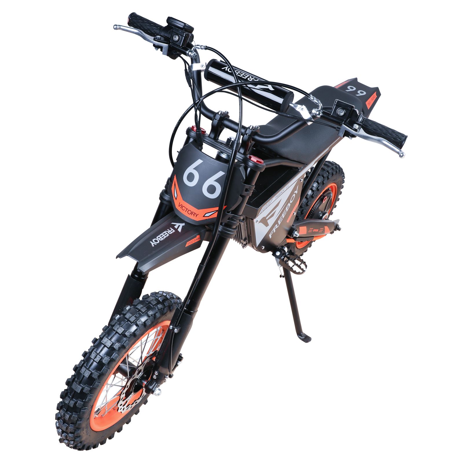Schwarzes Dirtbike mit orangefarbenen Rädern. Sichtbar: FREEBOY-Logo, Nummer 66, Lenker.