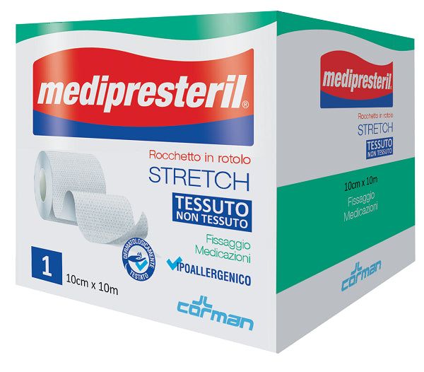 Verpackung von Medipresteril Stretch-Verband. Rolle aus Vliesstoff, 10cm x 10m. Hypoallergen. Mit Logo und Text.