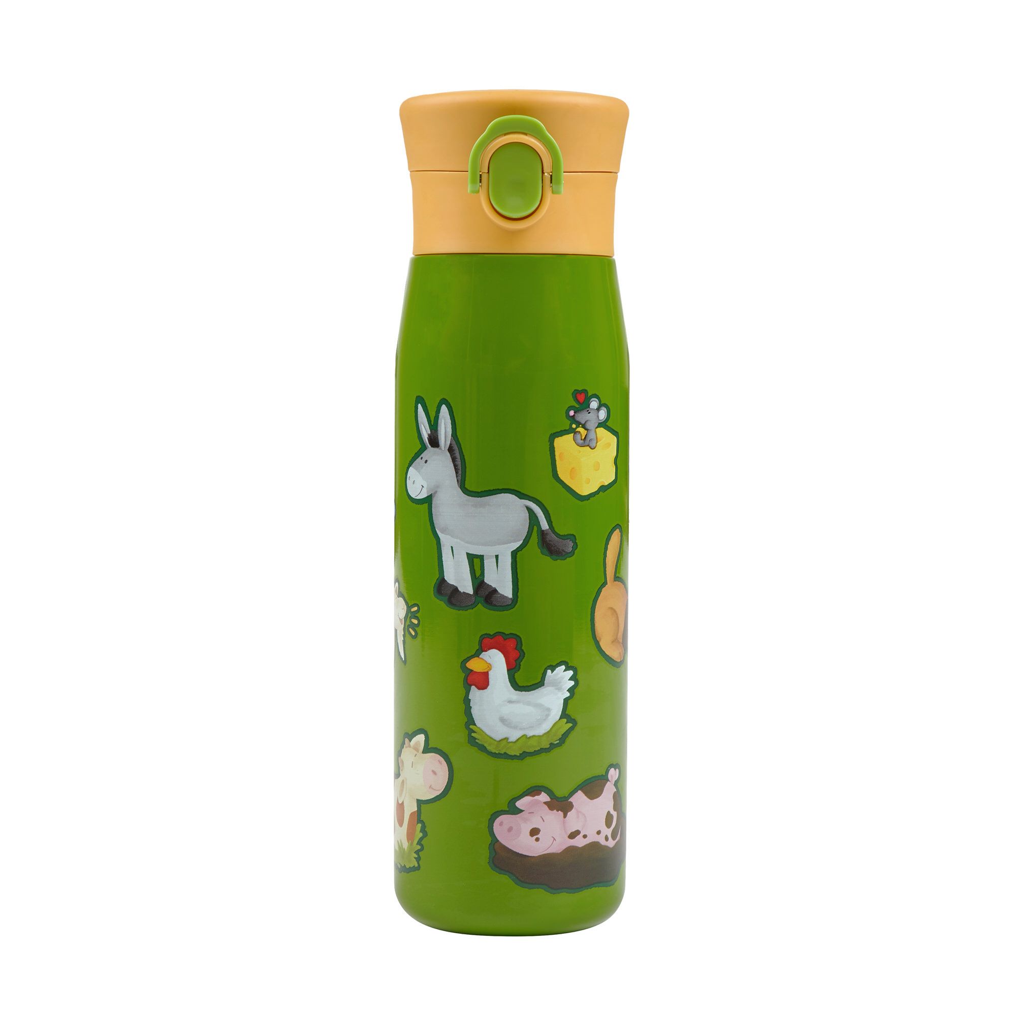 Grüne Isolierflasche mit gelbem Deckel. Mit Bauernhoftieren bedruckt. Der Deckel ist geschlossen.