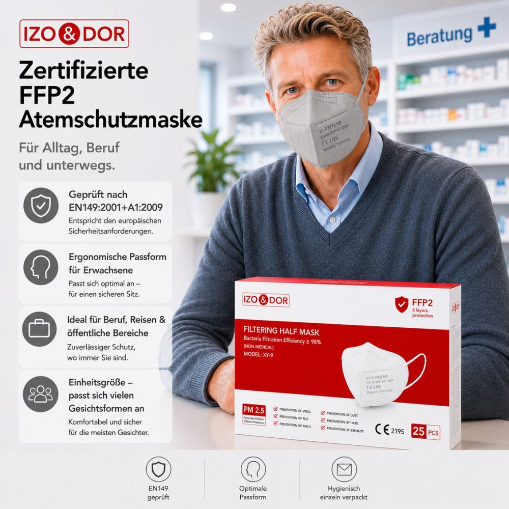 IZO & DOR FFP2 Atemschutzmaske, zertifiziert nach EN149+A1:2009. Ergonomische Passform für Erwachsene. Box mit 25 Stück.