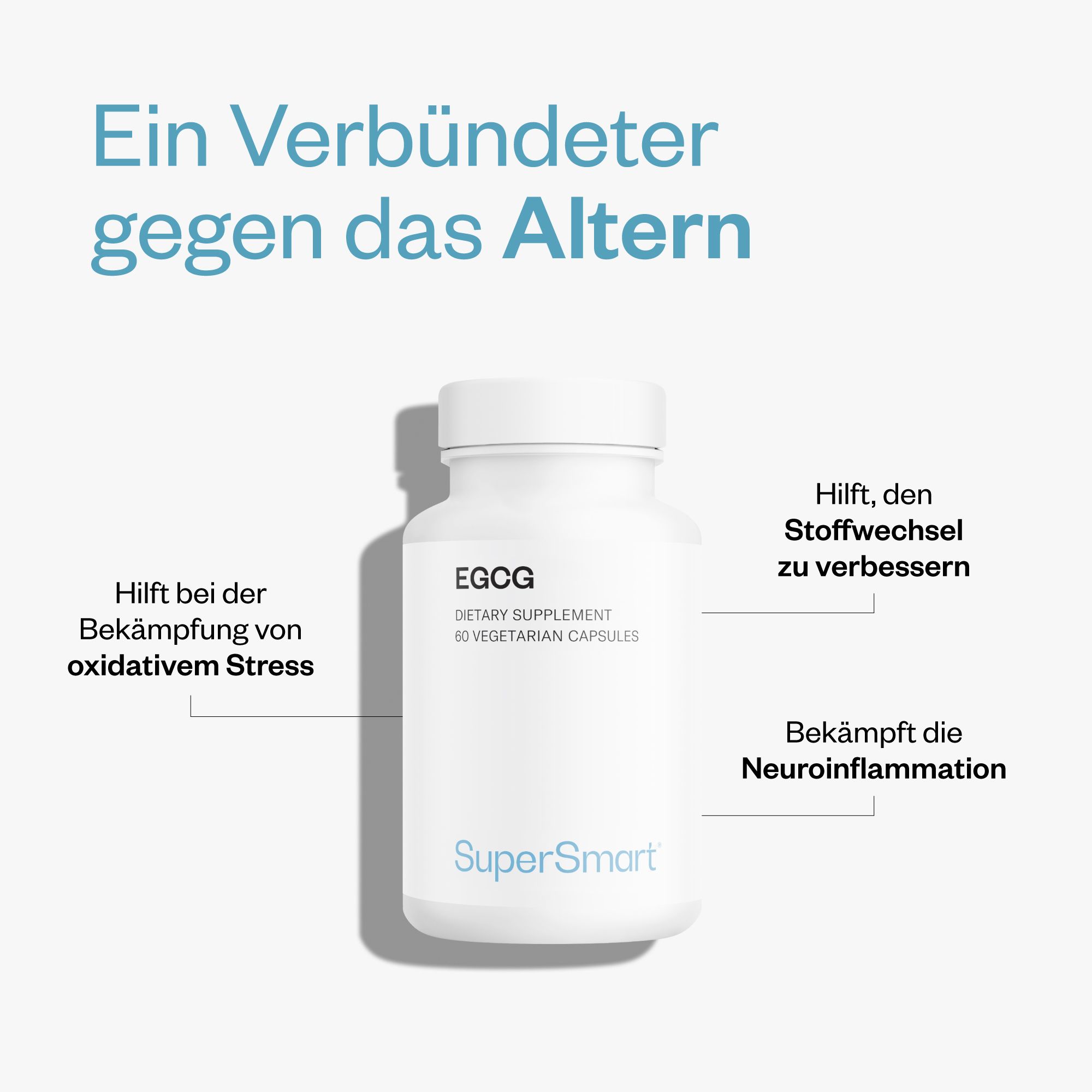 Weiße Flasche mit EGCG-Kapseln. Text: EGCG, Dietary Supplement, 60 Vegetarian Capsules. Marke SuperSmart. Blaue Hintergrundgrafik.