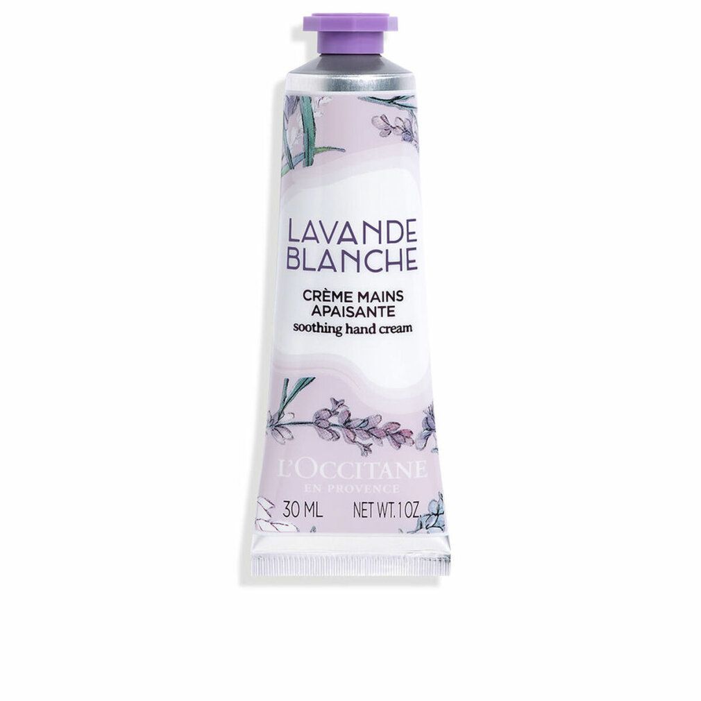 Handcreme-Tube, Lavande Blanche. Text: Crème Mains Apaisante, L'Occitane. 30 ml. Lila Verschluss.