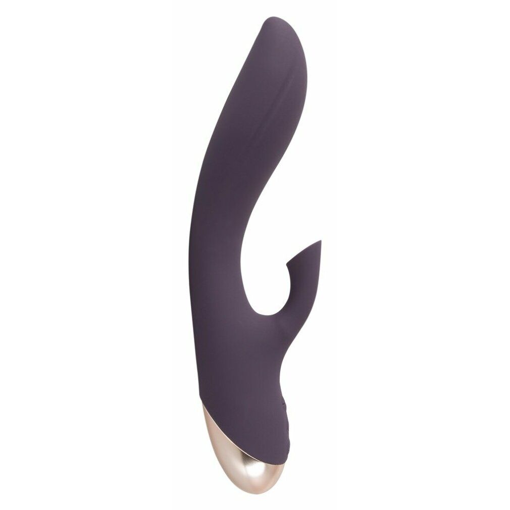 Lila Vibrator mit goldfarbenem Sockel. Geschwungene Form mit einer Öffnung. Glatte Oberfläche.