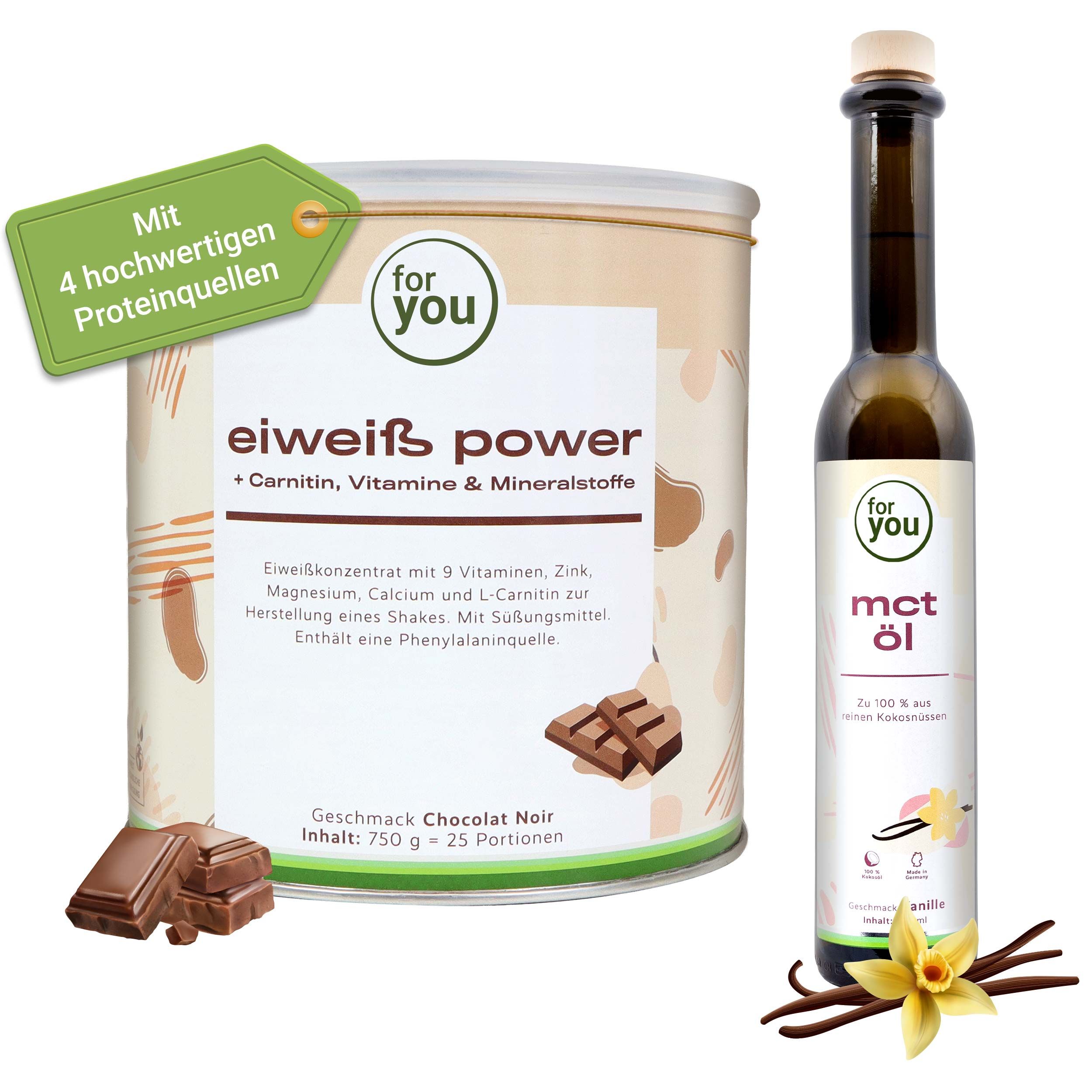 for you Power Eiweiß Schoko + MCT Öl Vanille 1000 g Pulver