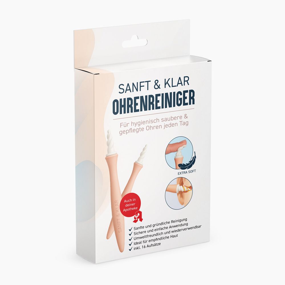 Verpackung mit Ohrenreiniger. Text: SANFT & KLAR OHRENREINIGER. Abbildung von Ohrreiniger und Anwendung. Extra Soft.