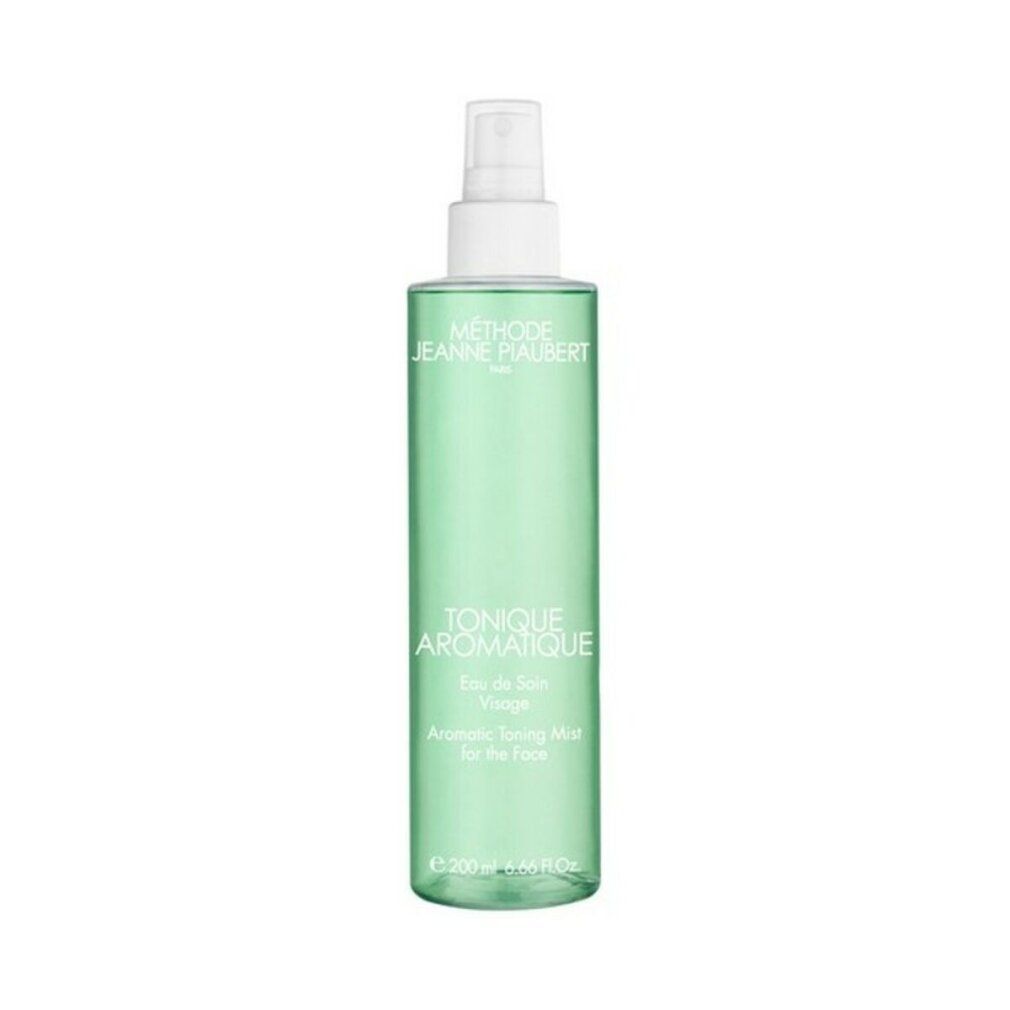 Grüne Sprühflasche mit weißem Sprühkopf. Text: Tonique Aromatique, Eau de Soin Visage, Aromatic Toning Mist for the face.