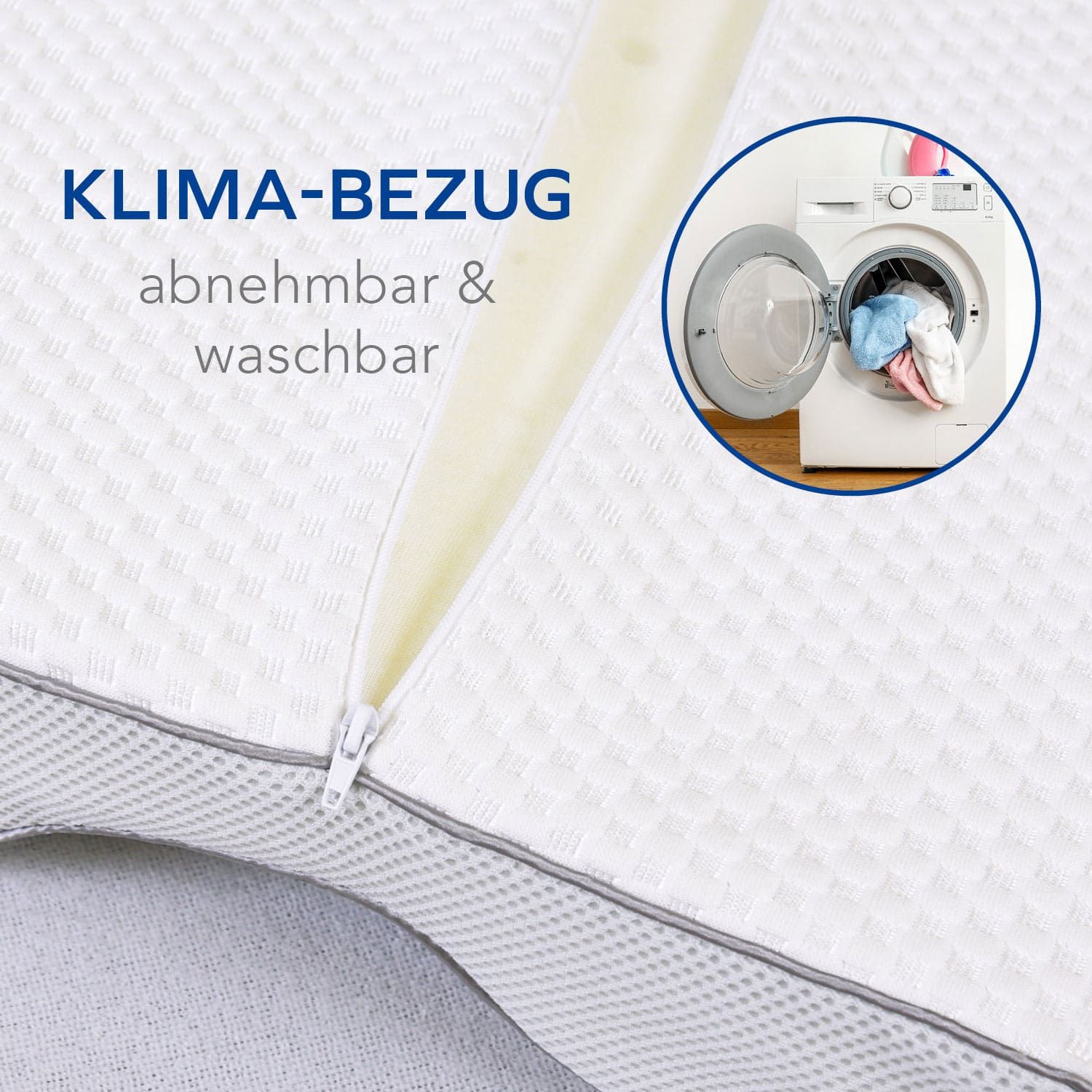 Kissen-Detail. Abnehmbarer und waschbarer Klima-Bezug. Reißverschluss sichtbar. Waschmaschine im Hintergrund.