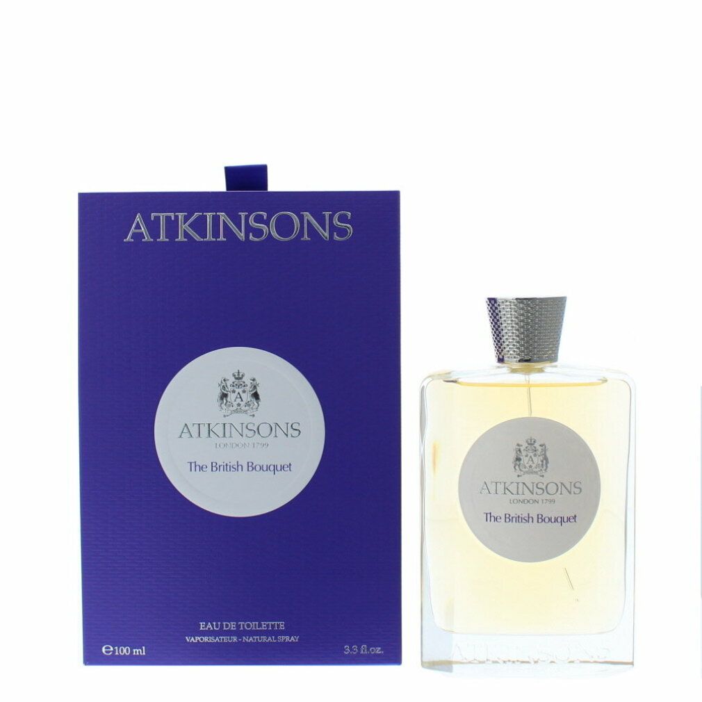 Flakon und blaue Verpackung. Aufschrift: ATKINSONS, The British Bouquet. Flakon mit silberfarbenem Verschluss.