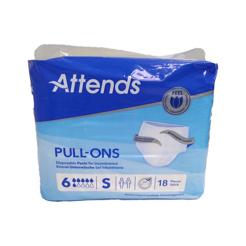 Attends Pull-Ons 6 S. Verpackung mit blauer Vorderseite. Produktabbildung. 18 Stück. S Größe. Für Inkontinenz. Marke Attends.