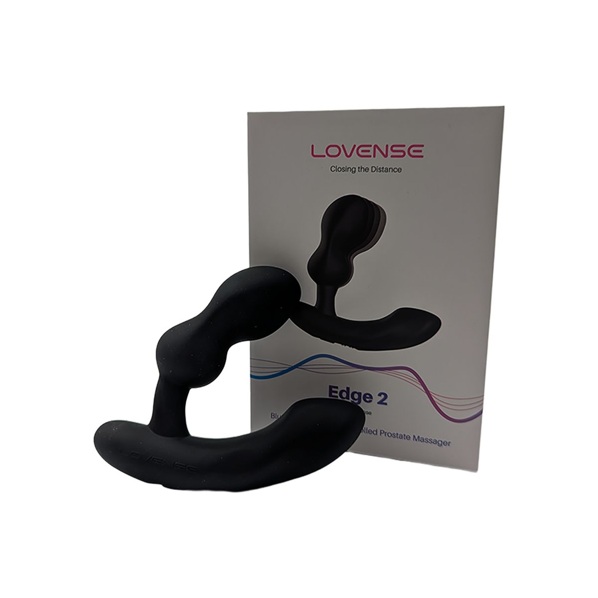Schwarzer Prostata-Massager neben einer Verpackung mit dem Produktnamen 'Edge 2'.