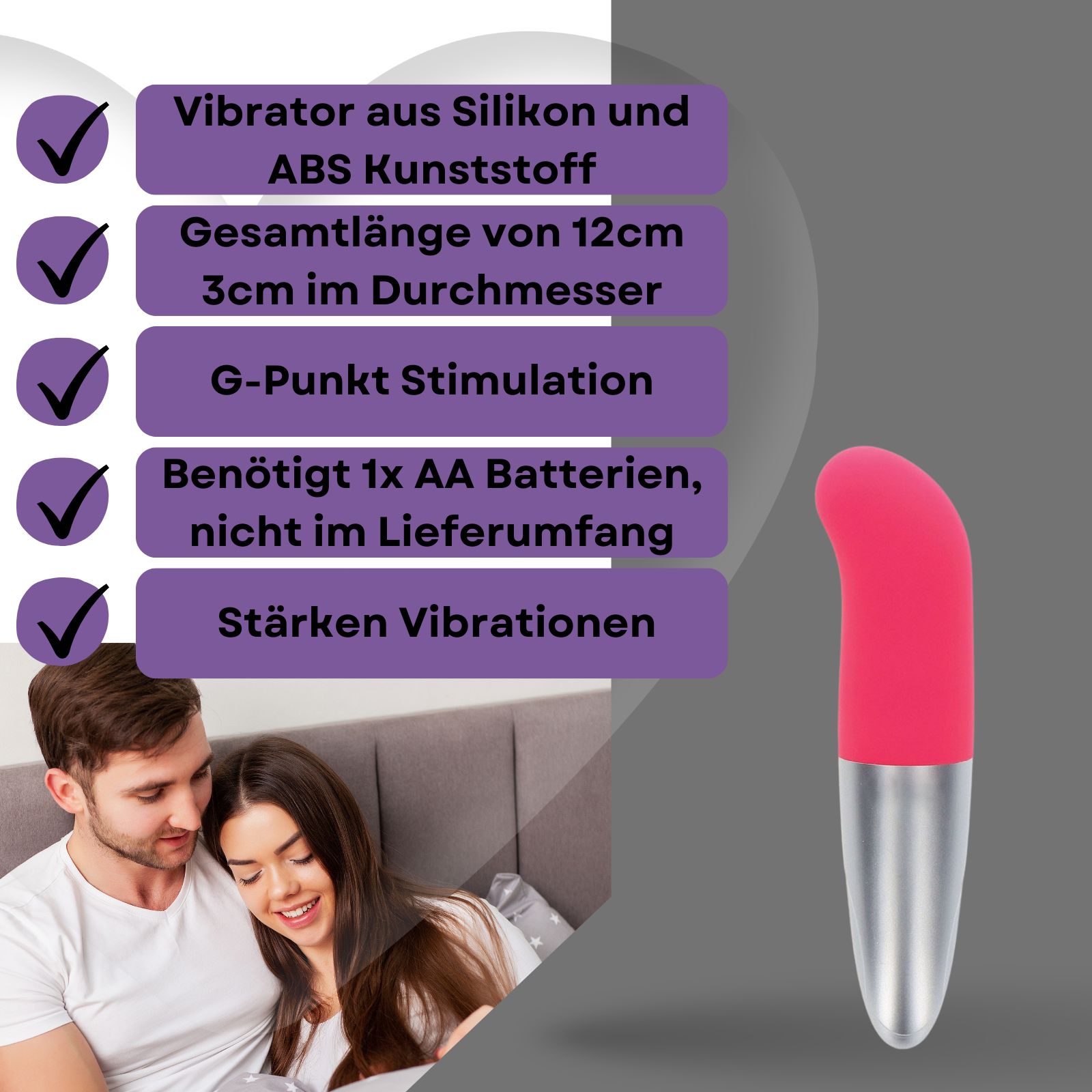 Vibrator, pinkfarbener Kopf, silberfarbener Schaft. Text: Silikon, ABS, 12cm lang, 3cm Durchmesser, G-Punkt, AA-Batterie.