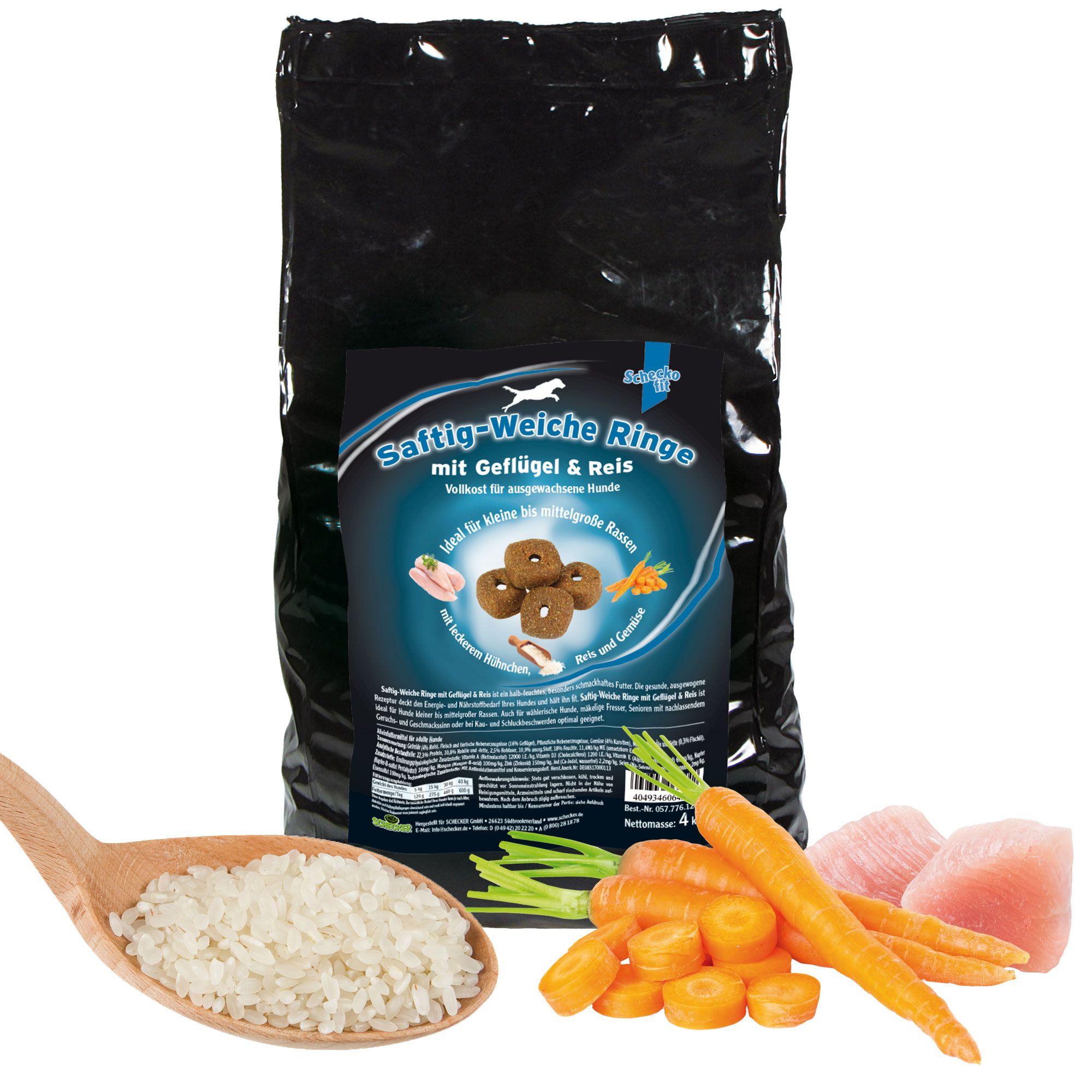 Schwarze Verpackung mit Produktbezeichnung "Schecker - Weiche Ringe mit Geflügel & Reis". Abgebildet sind Ringe, Reis, Karotten und Fleisch.