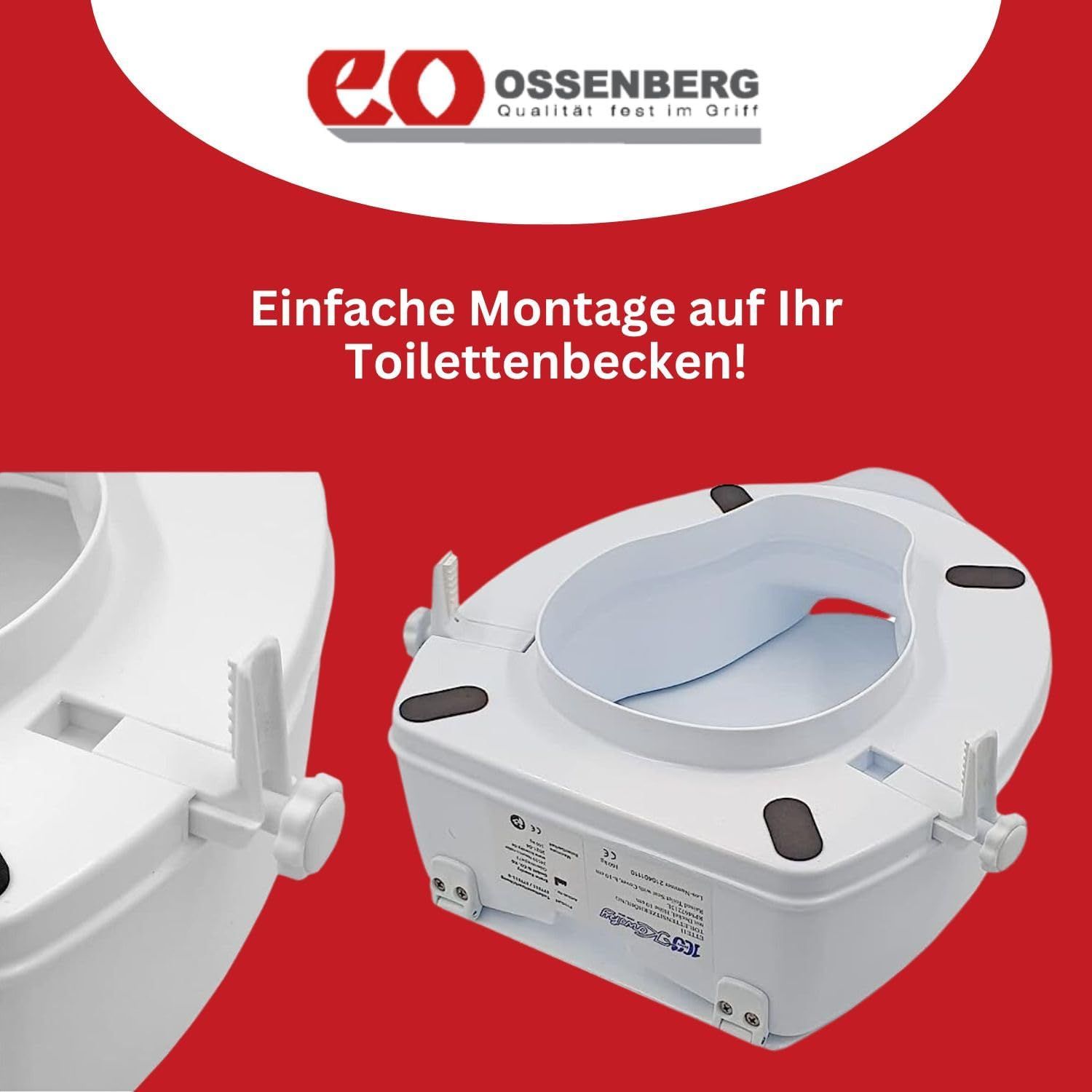 Produktabbildung mit Text. Marke Ossenberg. Einfache Montage auf Toilettenbecken.