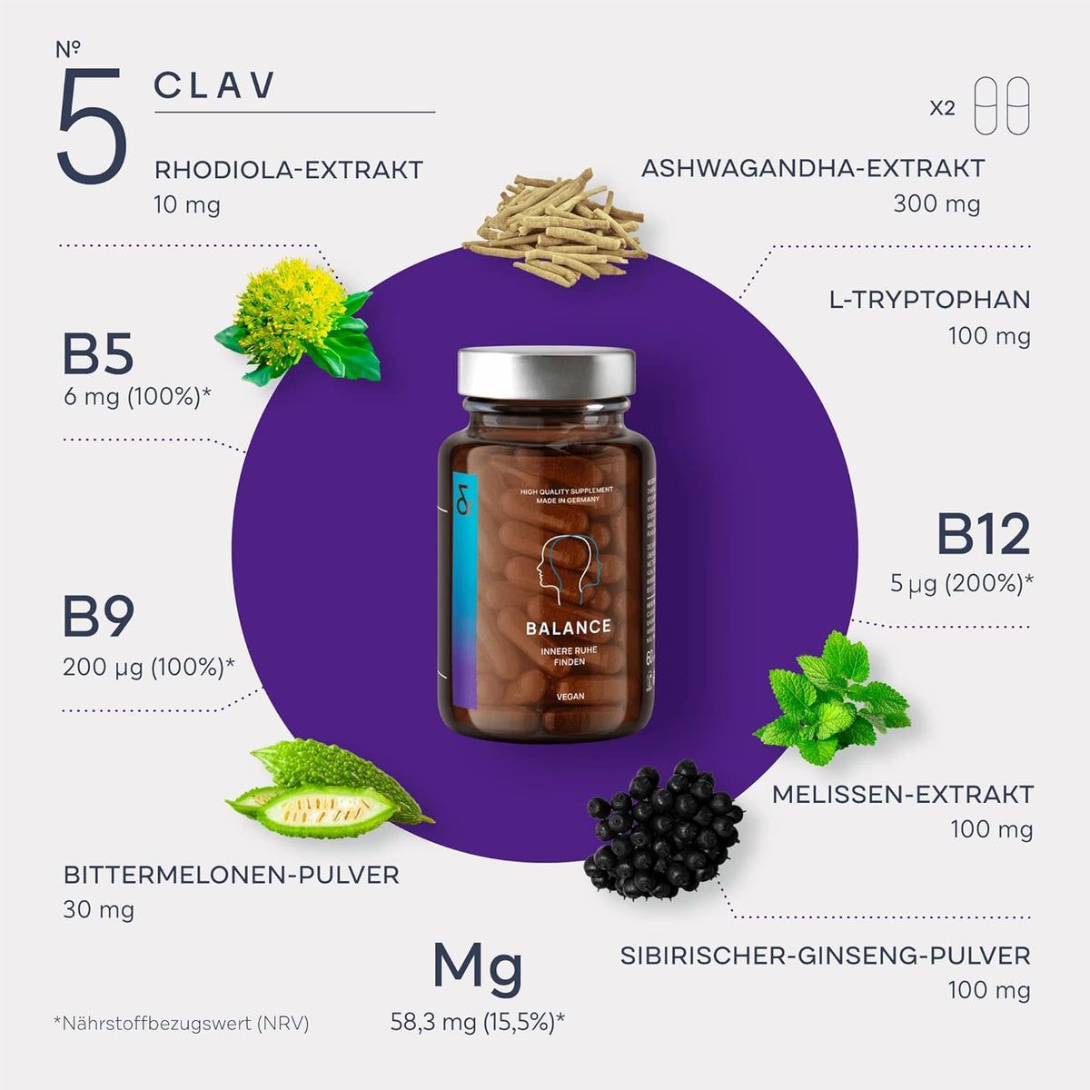 Clav N°5 BALANCE Mood mit Ashwagandha - Safran Extrakt - Vitamin B5