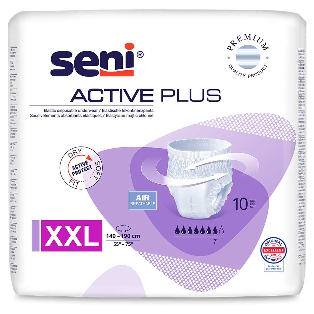 Verpackung Seni Active Plus XXL. Enthält 10 Stück. Größenangabe: 140-190 cm, 55-75". Premium Qualität.