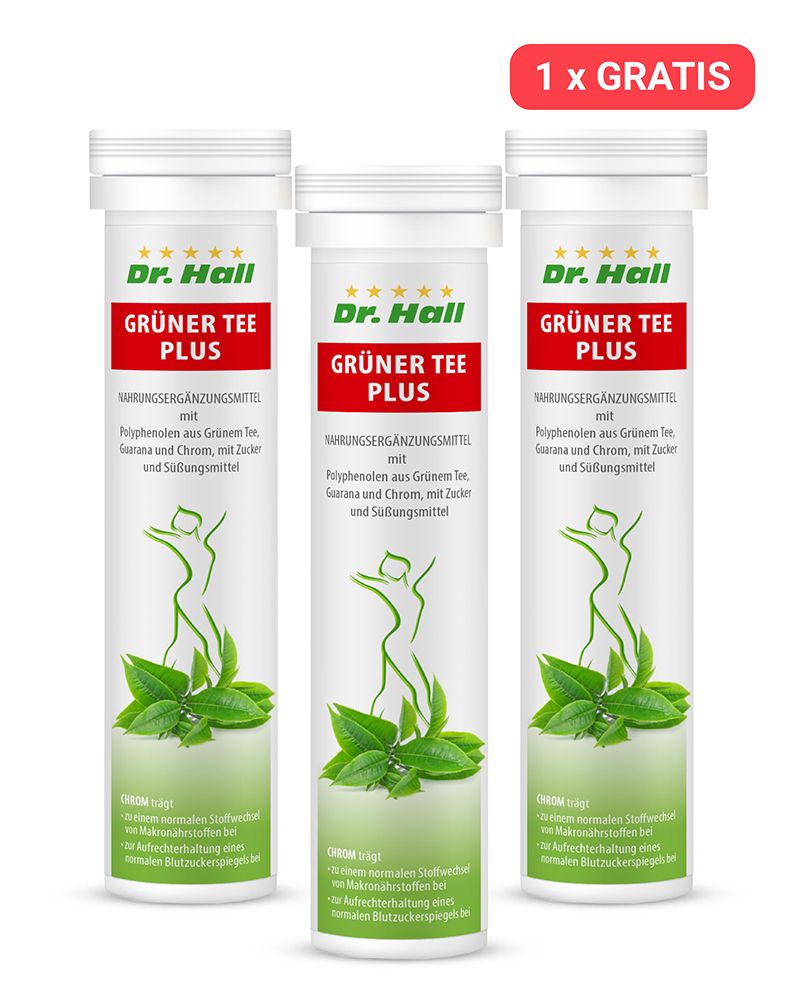 Drei weiße Röhren mit Brausetabletten. Auf jeder Röhre steht "Dr. Hall Grüner Tee Plus". Oben rechts: "1 x GRATIS".