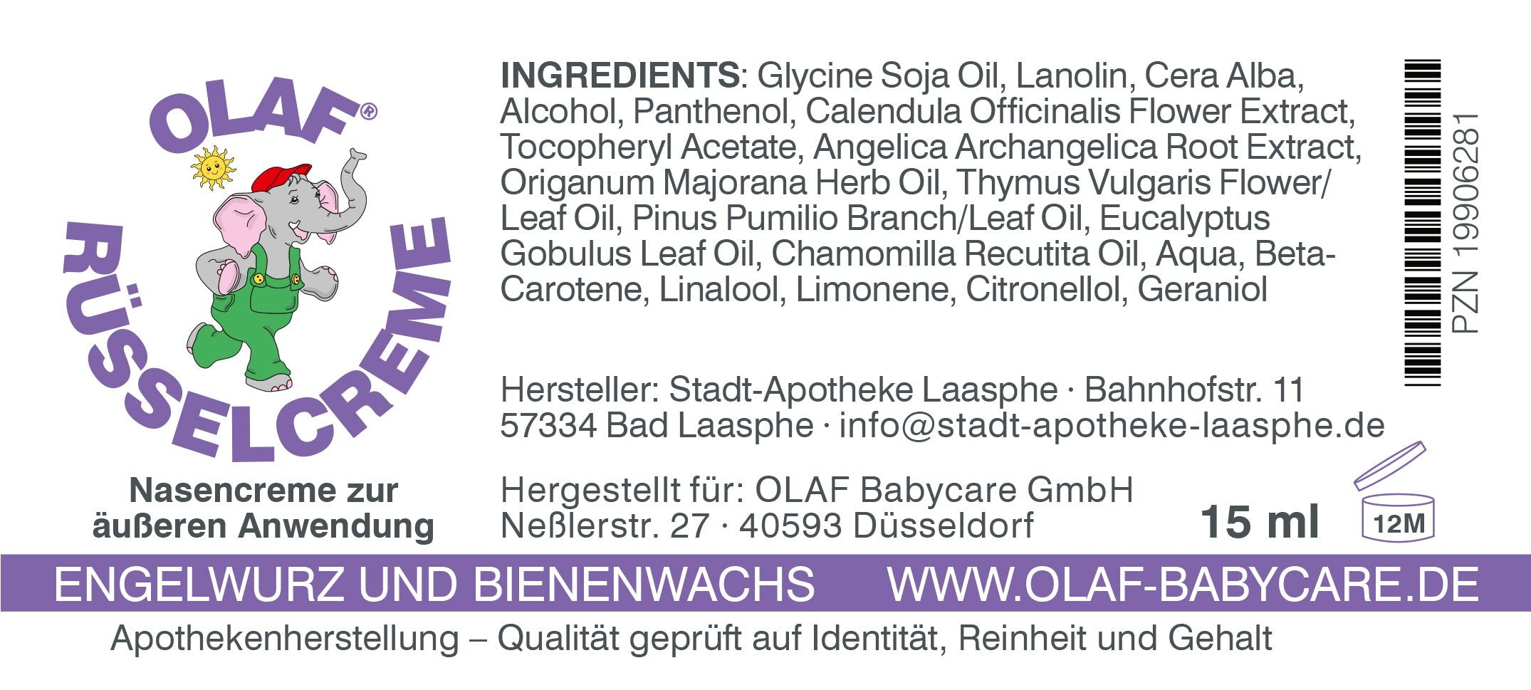 Etikett der OLAF Nasencreme Baby mit Inhaltsstoffen, Hersteller und 15ml Angabe.