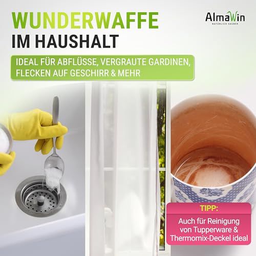 AlmaWin Werbung für Haushaltsreinigung: Abflussreiniger, Gardinen, Geschirr.