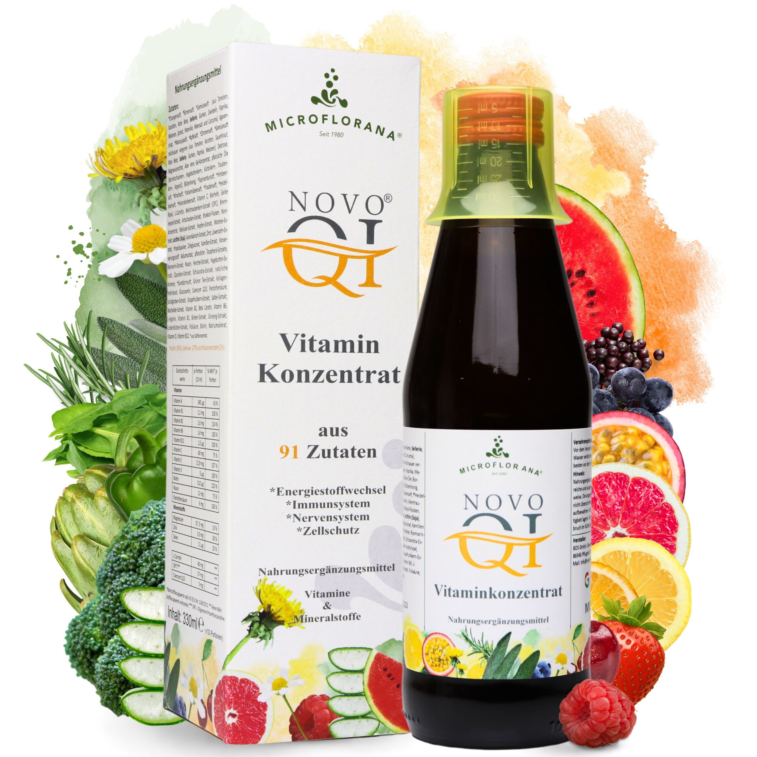 Glasflasche mit gelbem Verschluss und Karton. Aufschrift: NOVO QI Vitamin Konzentrat. Umgeben von Früchten und Gemüse.