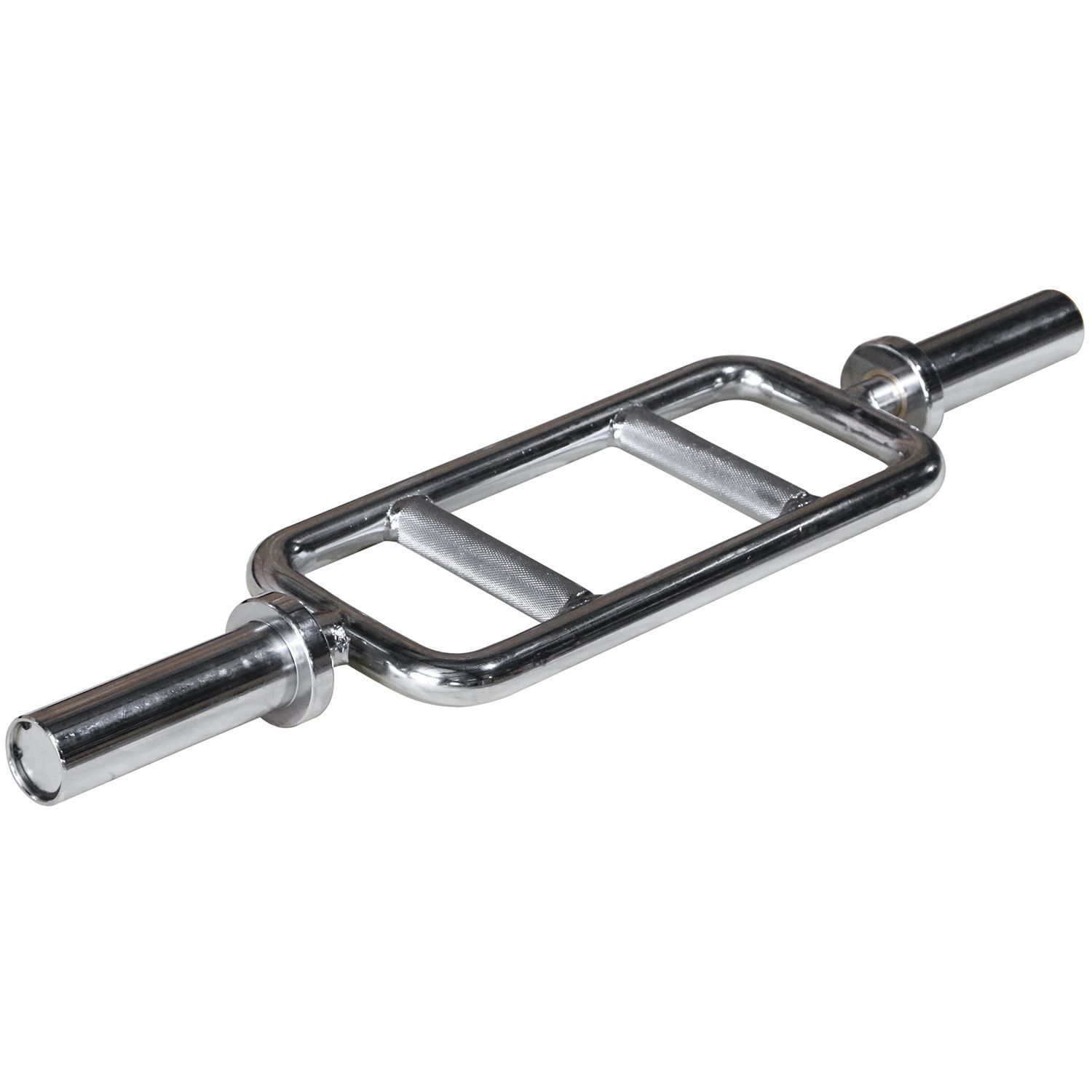 Trizepstrainer aus Metall. Rechteckiger Griffbereich mit zwei parallelen Stangen. An den Enden befinden sich zwei Stangen zur Aufnahme von Gewichten.